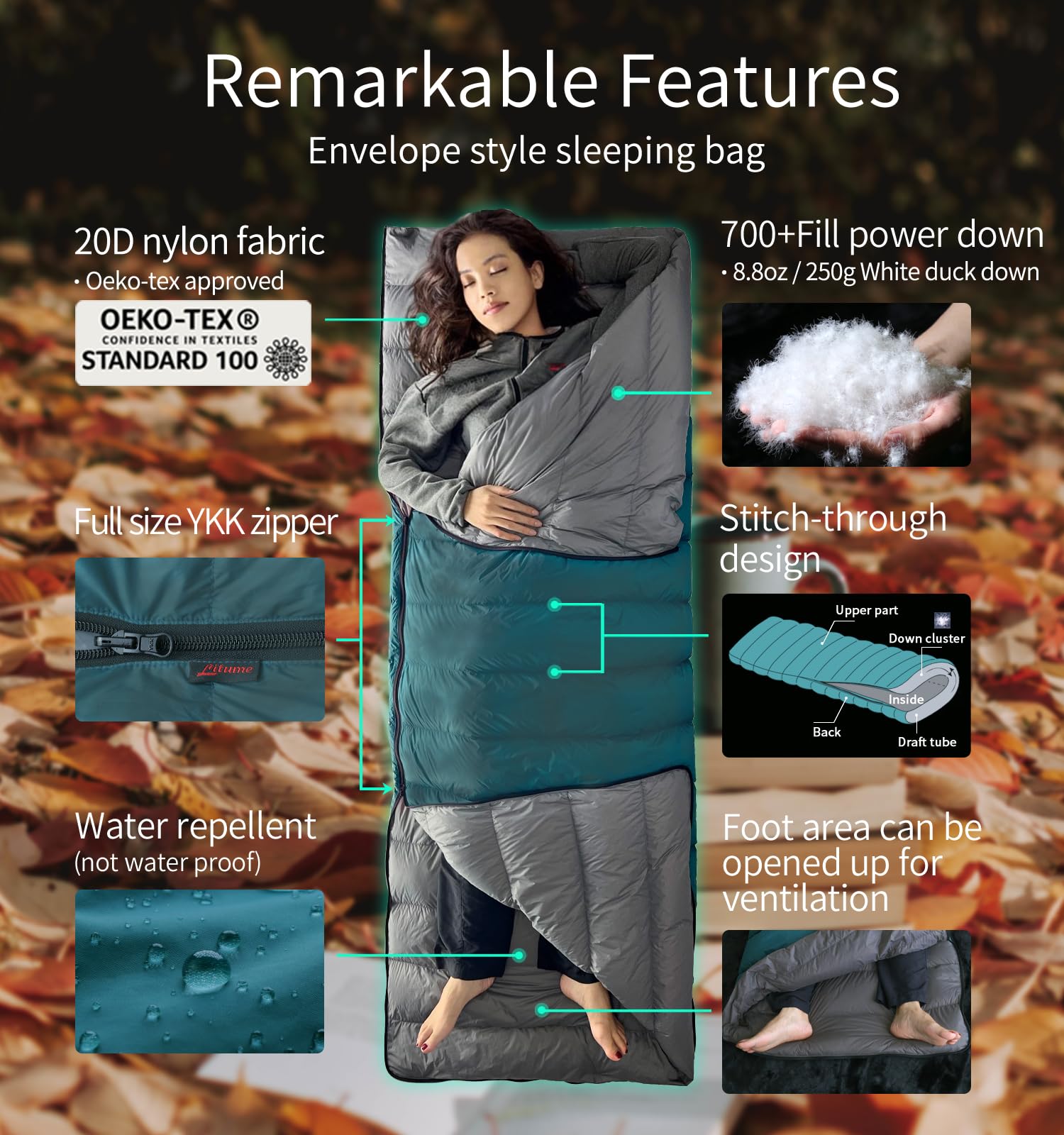 Litume 565g, 5-15°C Combinable Down Sleeping Bag, Lightweight, Packable Adults, Double for Backpacking Camping, Family - Image 3