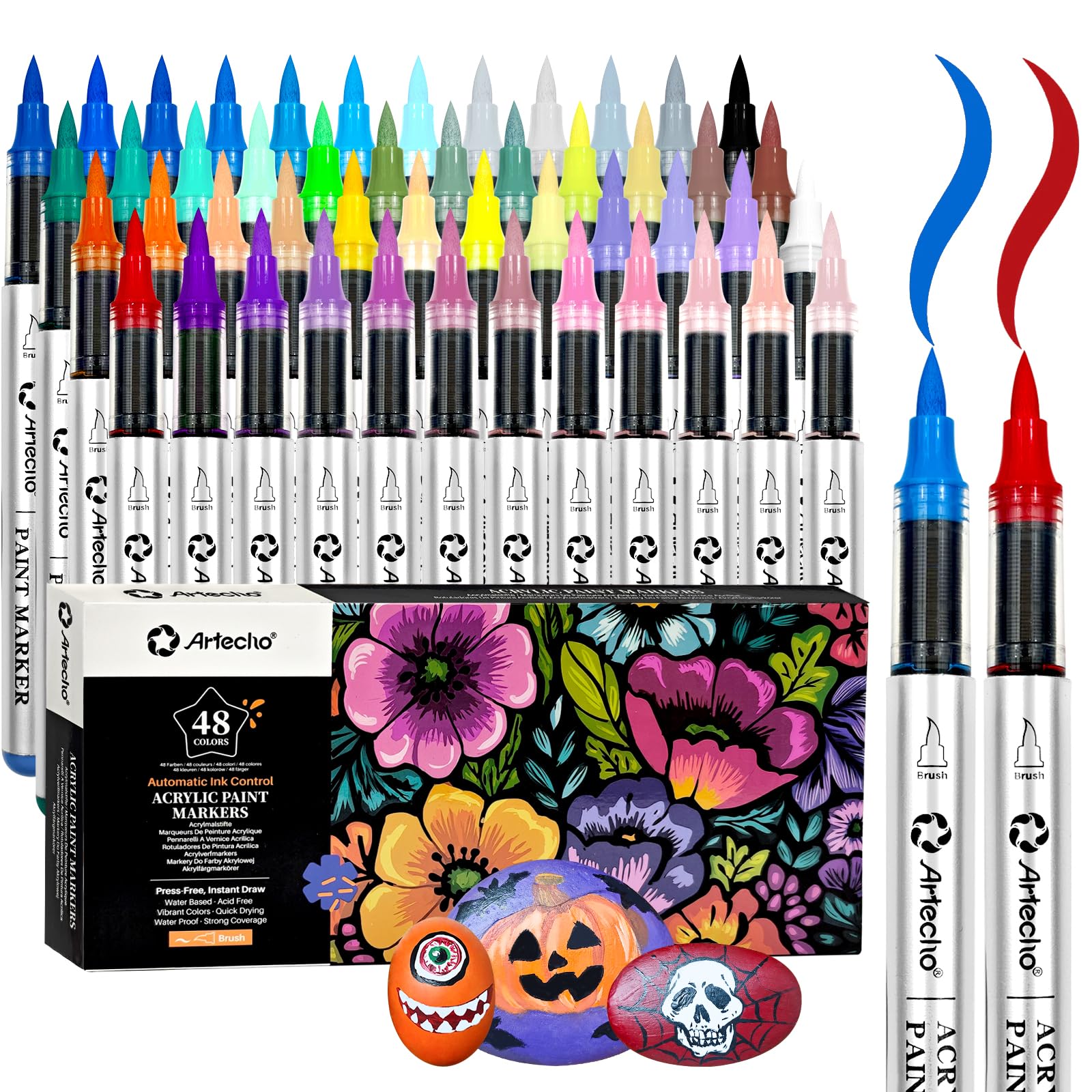 Artecho Automatic Ink Control Acrylic Paint Markers 48 Colors Brush Tip, for Stone, Rock Painting, Paper, Pumpkin, Wood, Egg, Canvas, Ceramic, Fabric,