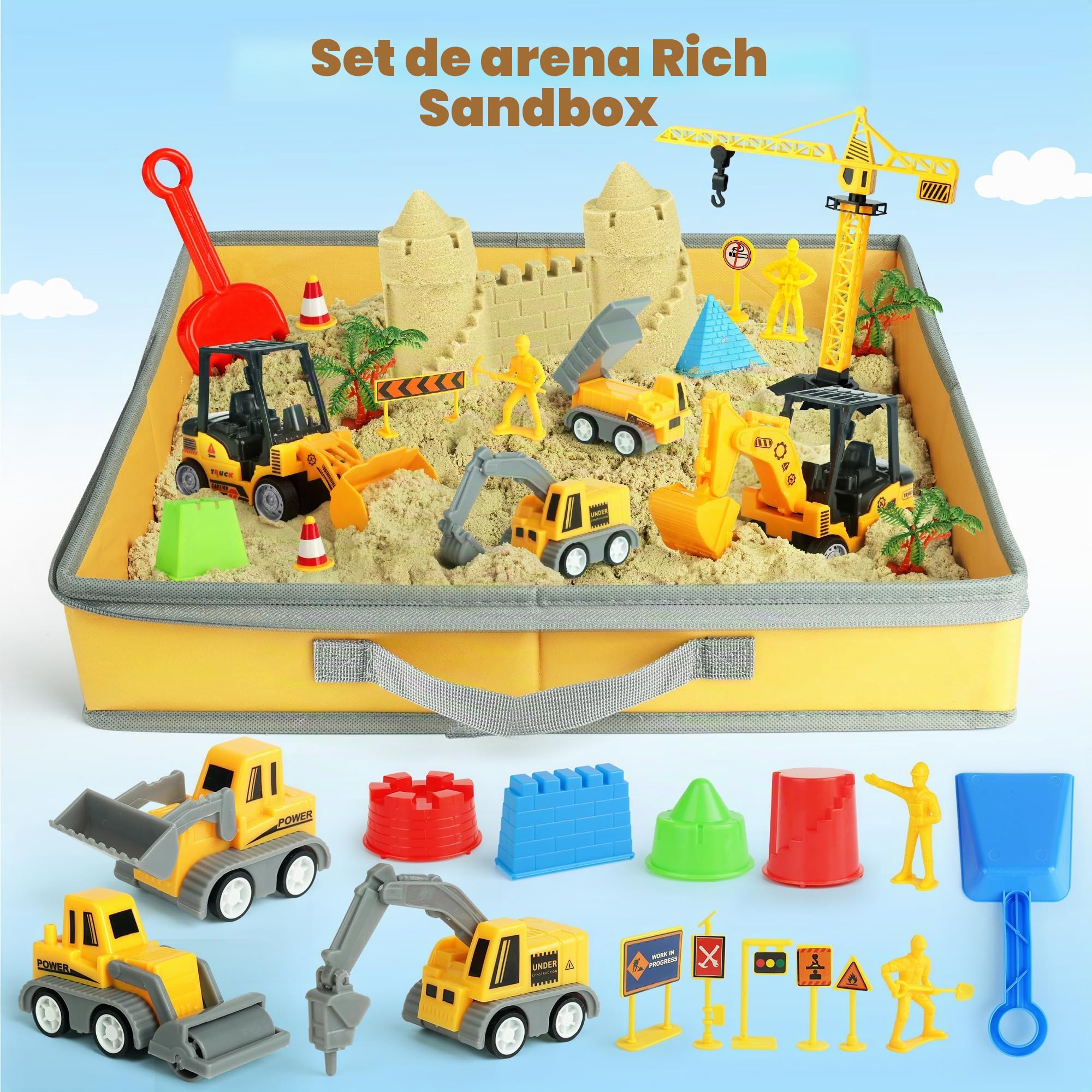 Kit Arena Mágica Construcción 37 Piezas, Camiones Y Caja Plegable 3-8 Años