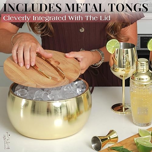 Miniatura 5 de Gusto Nostro Cubo de hielo aislado de 4.1 L con tapa y pinzas, cubo de hielo de acero inoxidable de doble pared grande, sin BPA para bar de Oro