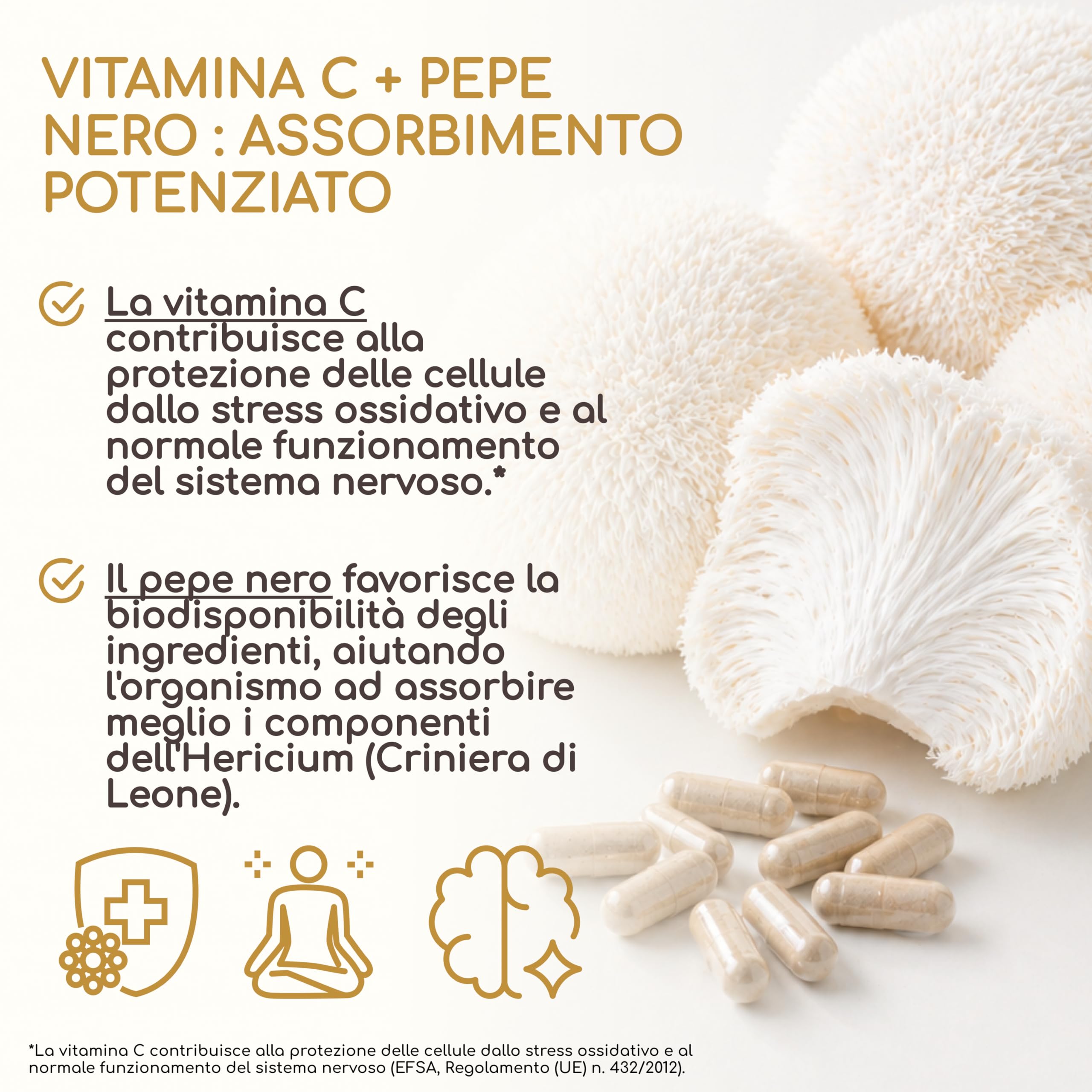 Lions Mane 58.500 mg (Estratto 30:1) Capsule - Per il Cervello, il Benessere e l’Umore - Hericium Erinaceus, Vitamina C e Pepe Nero - 30% Polisaccaridi, 5% Beta-Glucani - Raibu