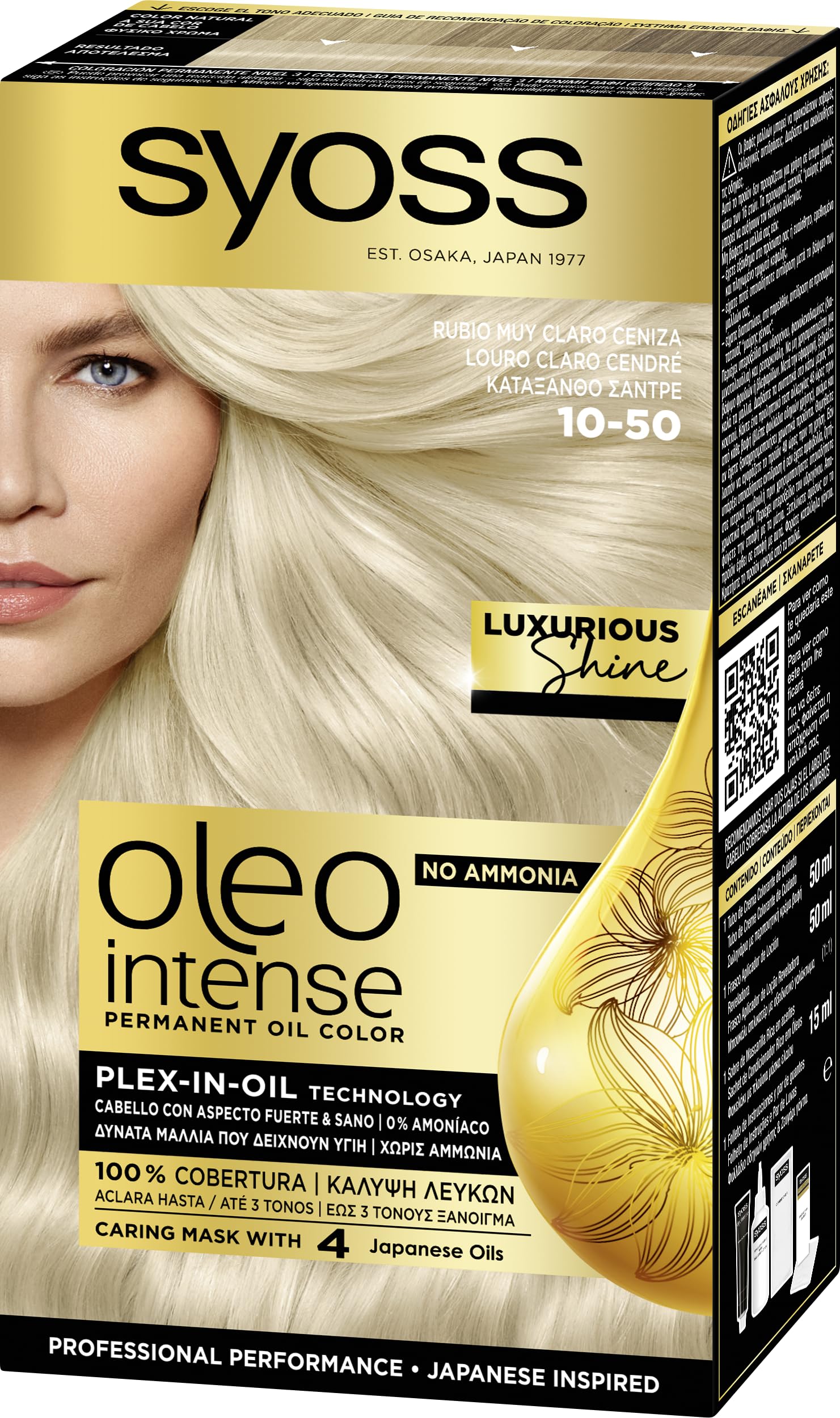 Syoss Oleo Intense Hair Colour 10-50 Light Ash Blonde - Permanent Colouring without Ammonia - Professional Gray Coverage - Hairdressing Results (Pack of 3)