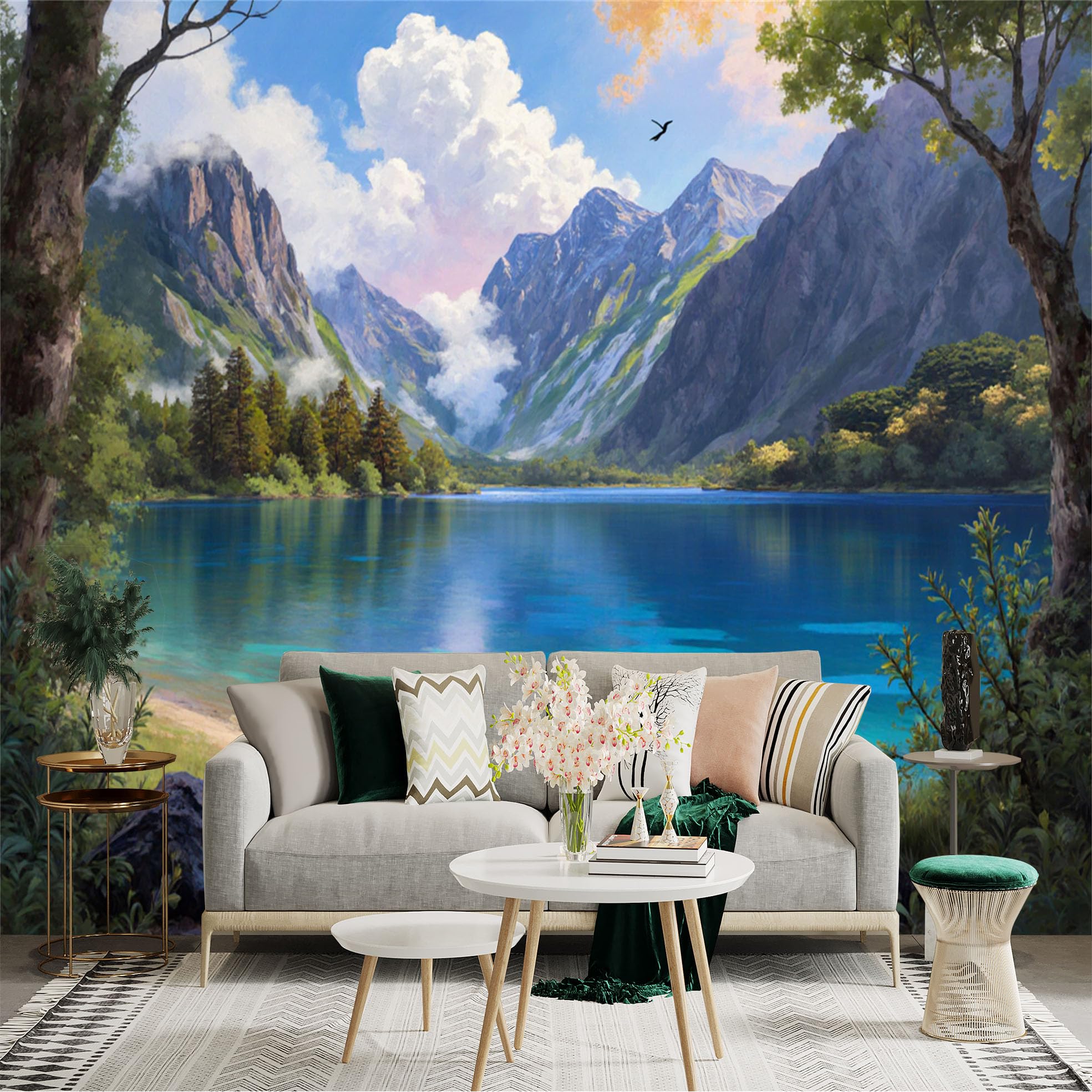 Custom Size Wall Sticker Mural， Scenic Mountain Lake Landscape， Majestic Peaks and Forest Trees， Serene Blue Water View， for wall Decoration， peelandstick wall Decals.
