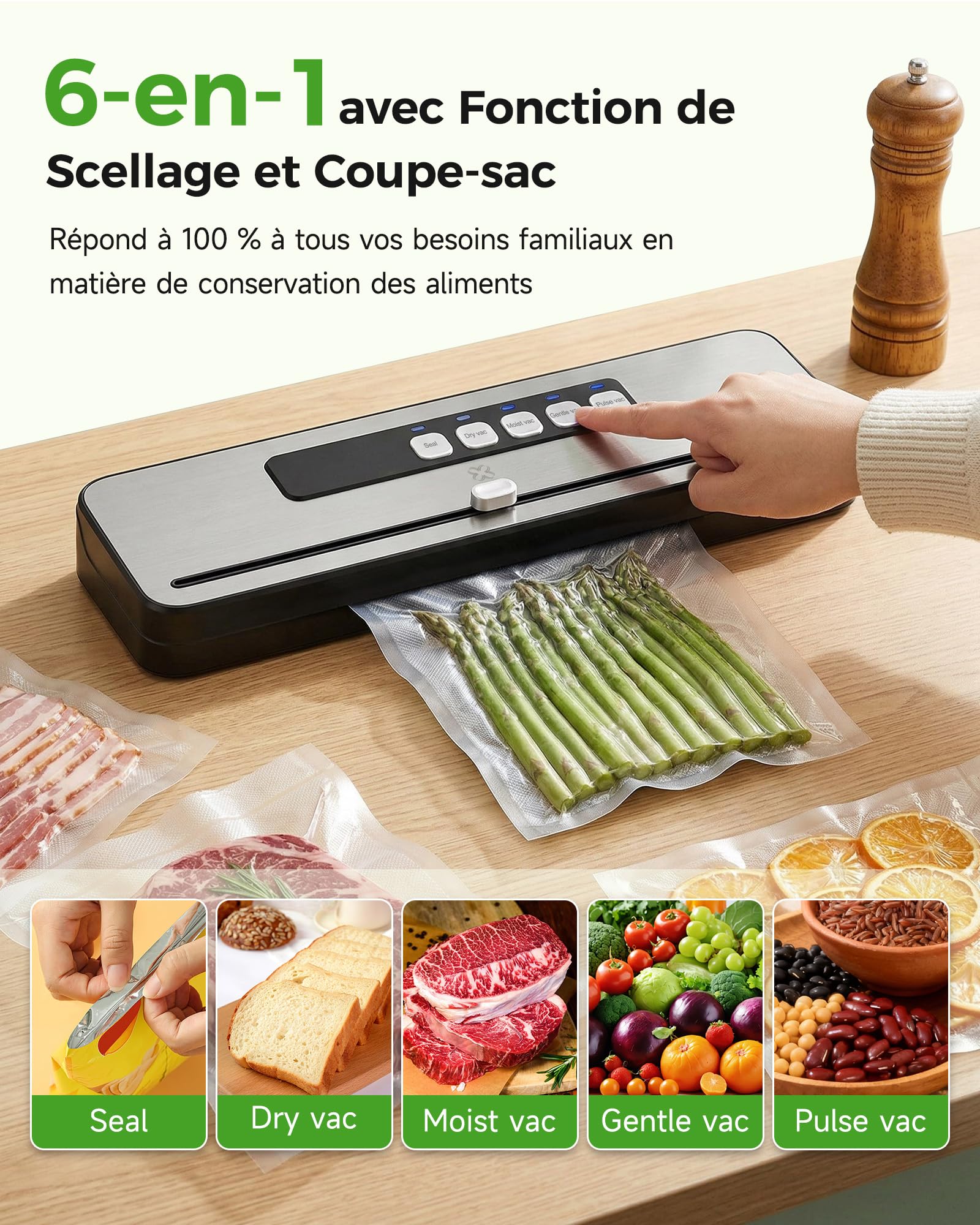 WOOX Machine sous Vide Alimentaire, Appareil de Mise sous Vide Compact pour la Cuisine, Modes Sec et Humide pour une Conservation Optimale, Avec 10 Sacs et Coupe-sac Intégré