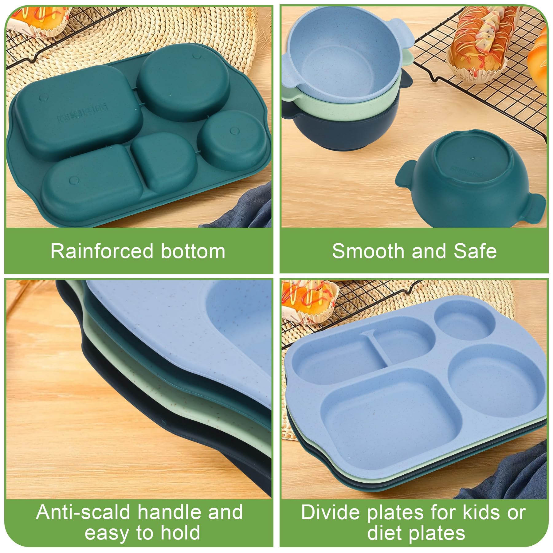 Juego de vajilla irrompible para 4 personas, juego de platos y cuencos divididos para niños, platos de plástico reutilizables, tazas, cuencos, juego de cubiertos para campamento, niños (color oscuro)