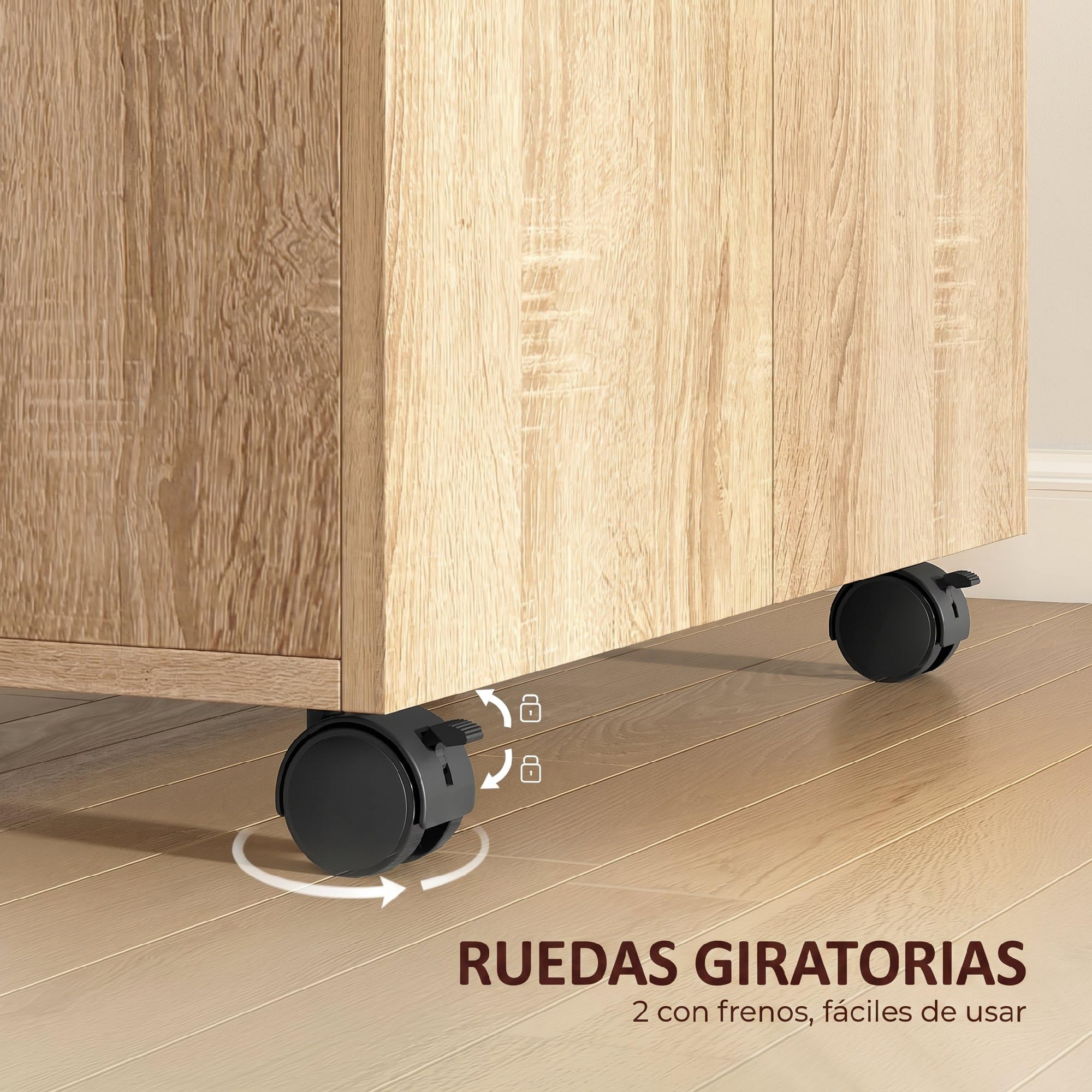 HOMCOM Aparador con Ruedas, Aparador de Salón con 2 Puertas y Estantes, para Sala de Estar, Dormitorio, Oficina, 60x35x65 cm, Natural