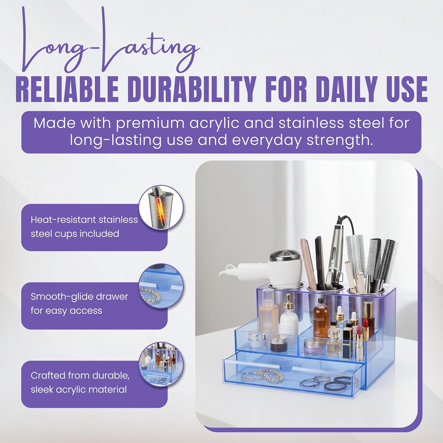 Novahavensnest Vanity Hair Tool Organizer with Translucent Frozen Acrylic Material | Bathroom Organizer Countertop Storage for Hair Tools | Slip Resistant Blow Hairdryer Holder & Curling Iron Holder - Image 3