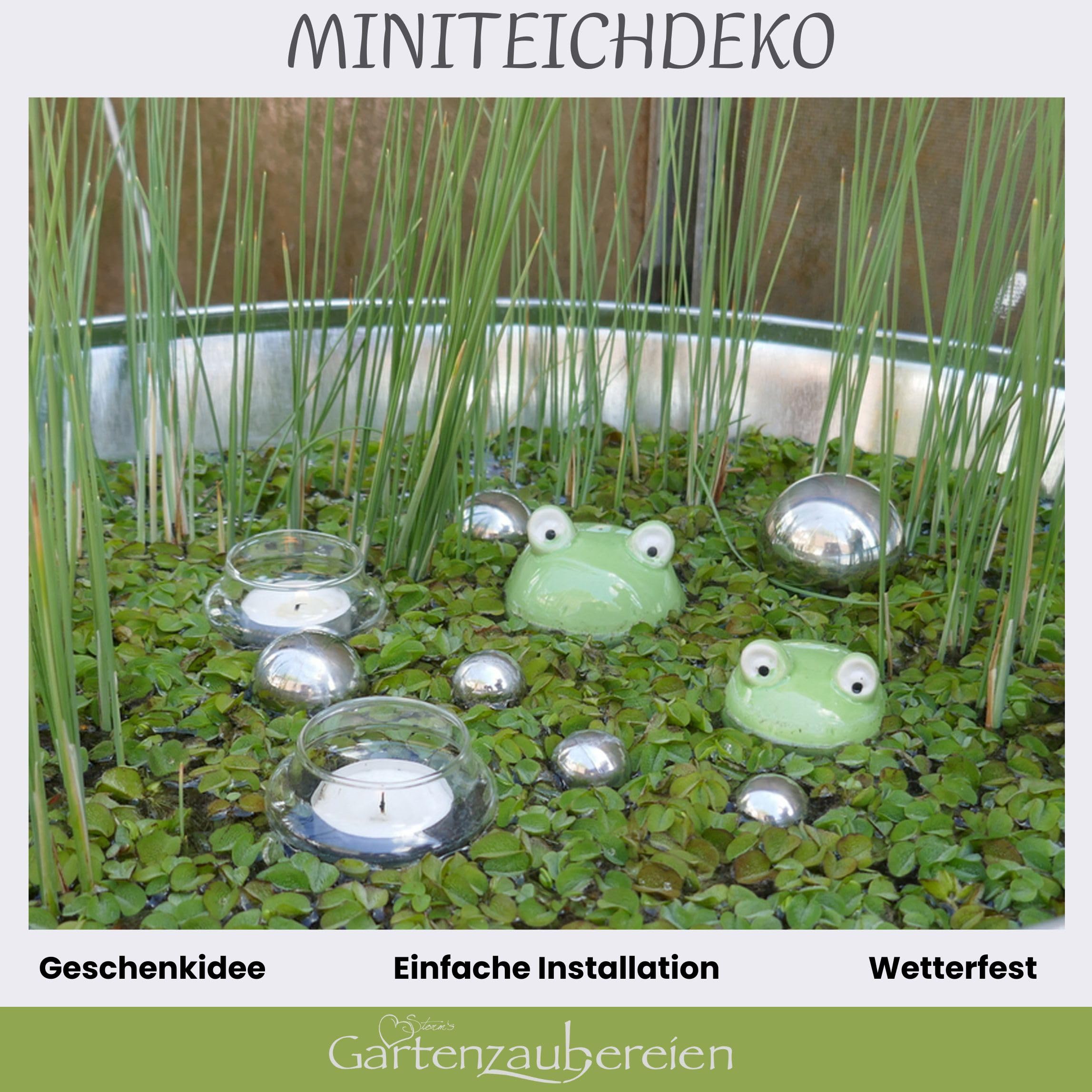 Storm's Gartenzaubereien Schwimmfrösche 2er Set mit Teelichtschalen und silbernen Schwimmkugeln - Teichkugeln Teichdeko