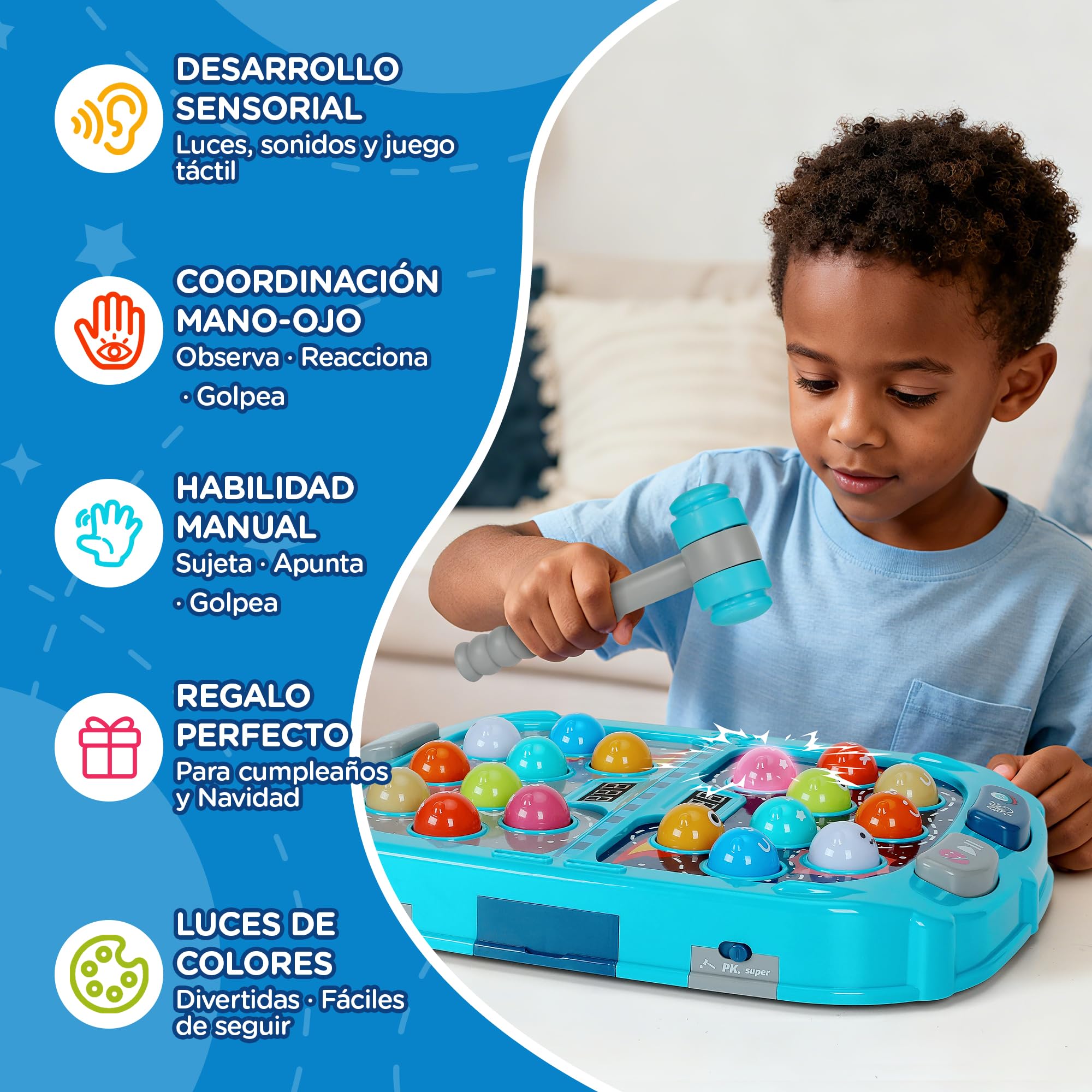 Whack-a-Mole Game for Kids, Juego de Golpear Topos con 18 Objetivos Luminosos, 2 Martillos, 3 Modos, 9 Niveles, Luces y Sonido, Juguete para Niños +3 Años