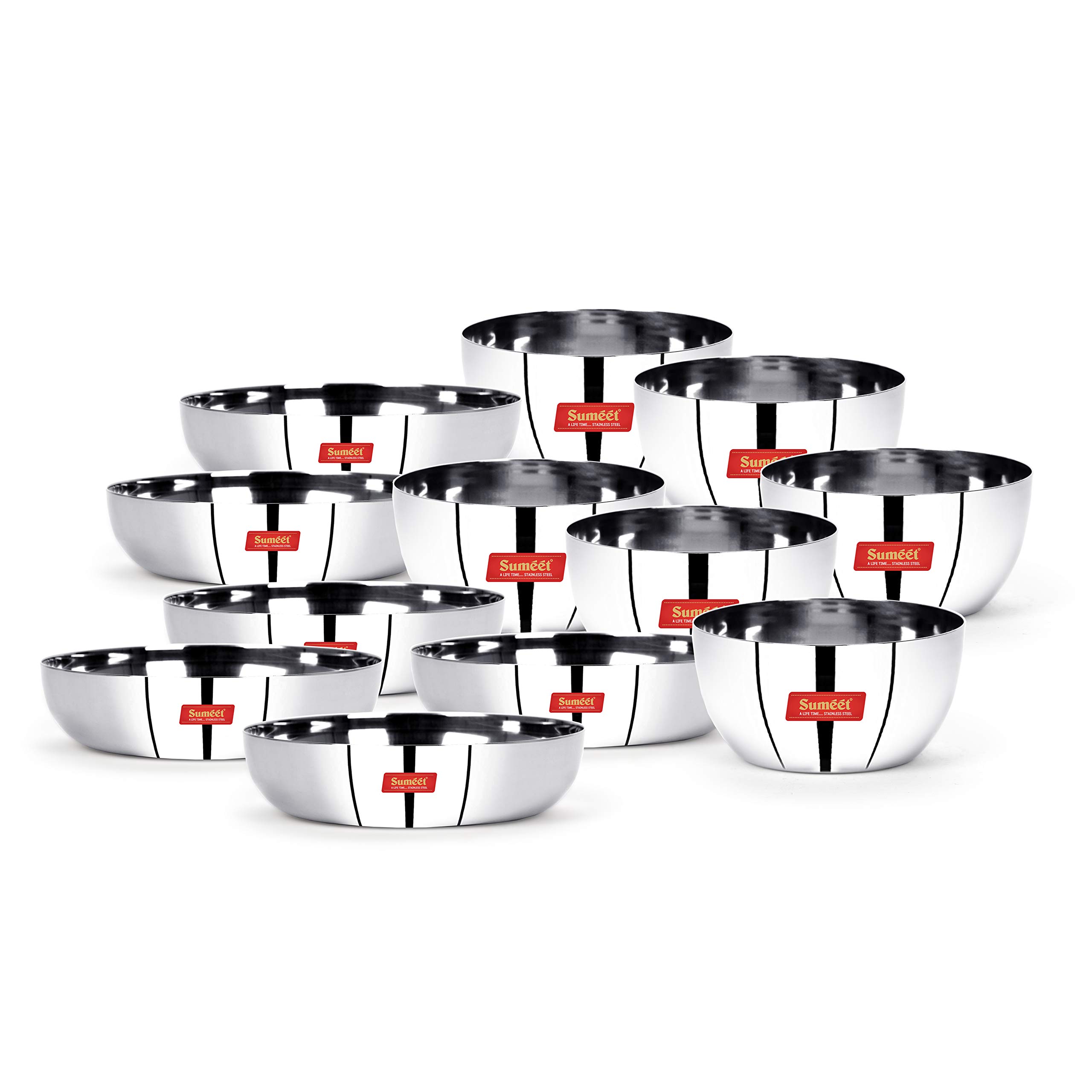 Sumeet Stainless Steel Mirror Finish Apple Shape Heavy Gauge Dessert Plates (6Pc -12.8Cm Dia) And Dessert Bowl (6Pc - 9.8Cm Dia) Set Of 12Pcs, 350 Milliliter