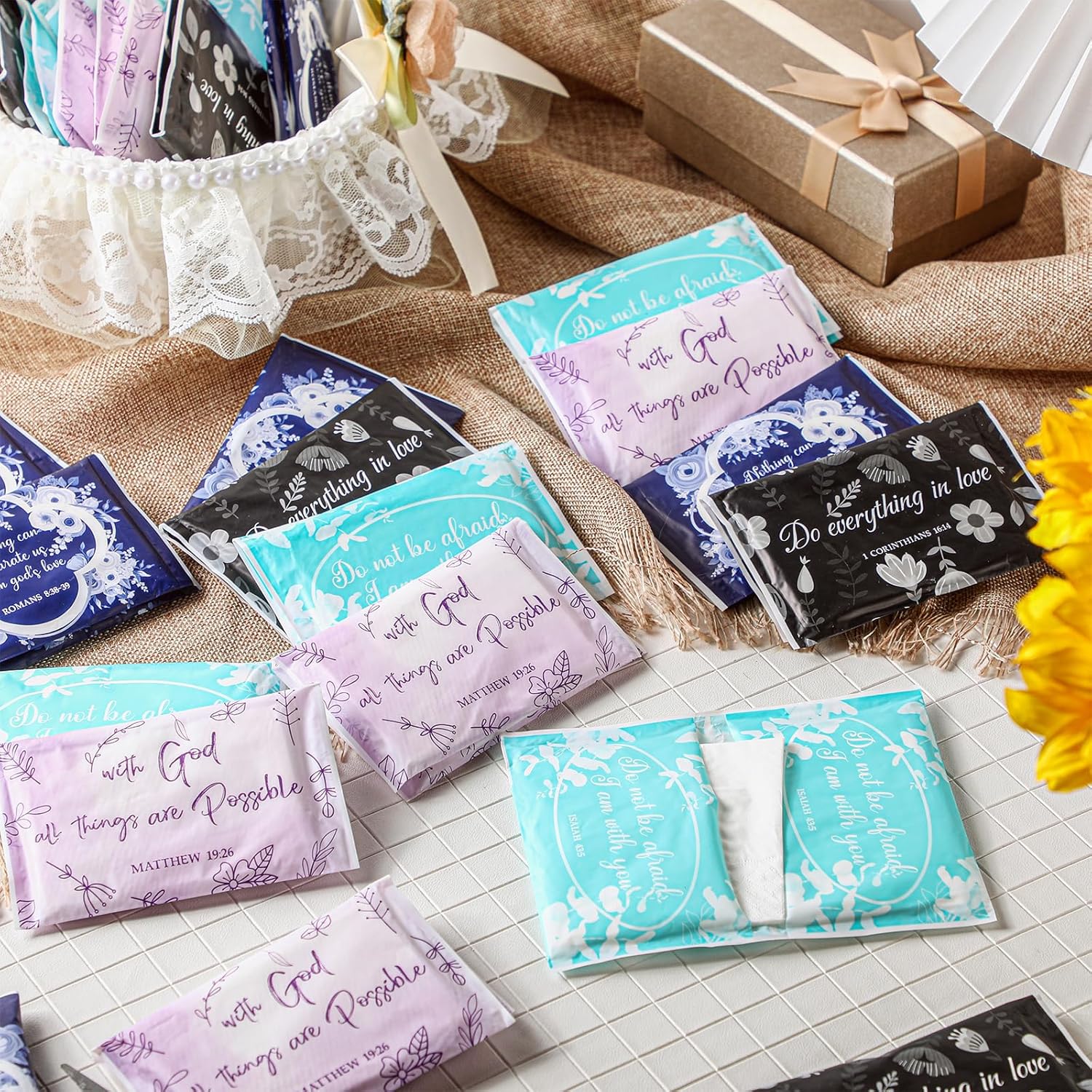 TaoBary 80 Pack Christian Pocket Tissues Employee Appreciation Gifts Bulk Bible Verse Facial Tissues Travel Packs Wedding Baptism Party Favors Christian Small Gifts for Staff Coworkers Teacher Nurse - Image 2