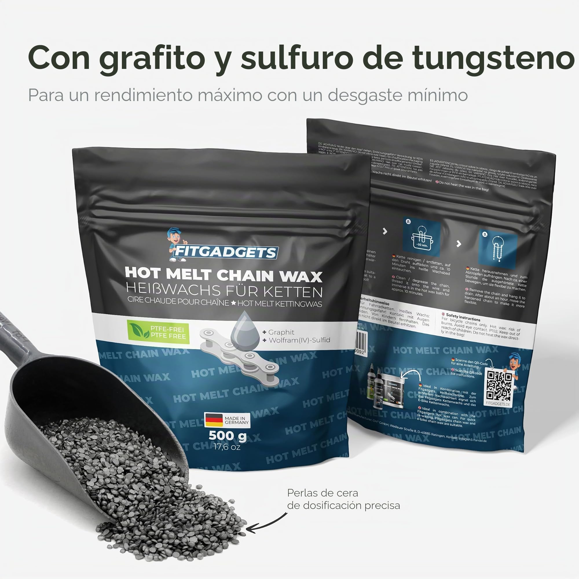 OH3 Fitgadgets Cera caliente para cadena de bicicleta, 500 g, pellets – Hot Melt Chain Wax con grafito y sulfuro de tungsteno, lubricante de cera para bicicleta de carretera, MTB y Gravel – Fabricado