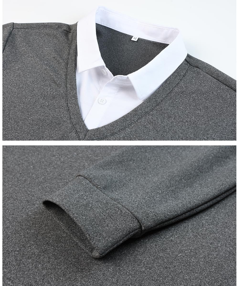 Uomo Maglione e Camicia 2 in 1 Scollo a V Maglia a Maniche Lunghe Pullover Lavorato a Maglia con Il Colletto di Camicia Maglioncino da Uomo