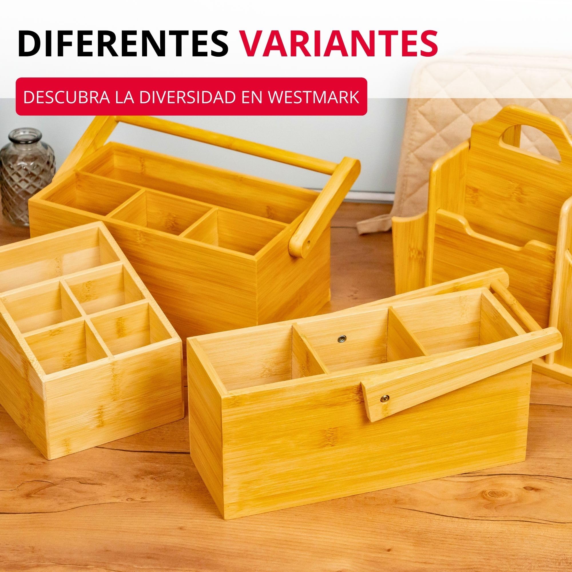 Organizador Tapas + Friends Westmark – práctico organizador de mesa con 7 compartimentos, cesta para cubiertos y servilletas, portautensilios para mesa y fiesta – bambú