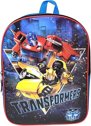 Transformers Mochila de 15 pulgadas Optimus Prime Bumblebee Autobots Mochila escolar para niños, Azul, Mochila frontal plana