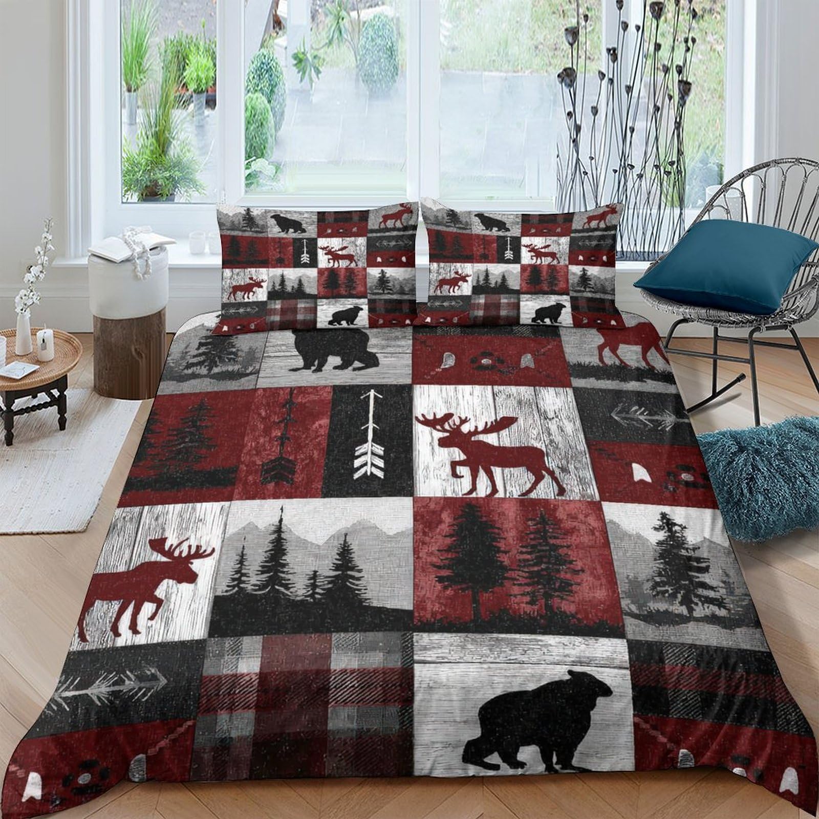 Ctjqhvkz Style-4 3D Printed Red Black Plaid Moose Fitted Sheet Microfiber Soft Bear Forest Bed Cover For Bedroom Decor Single（135X200cm）