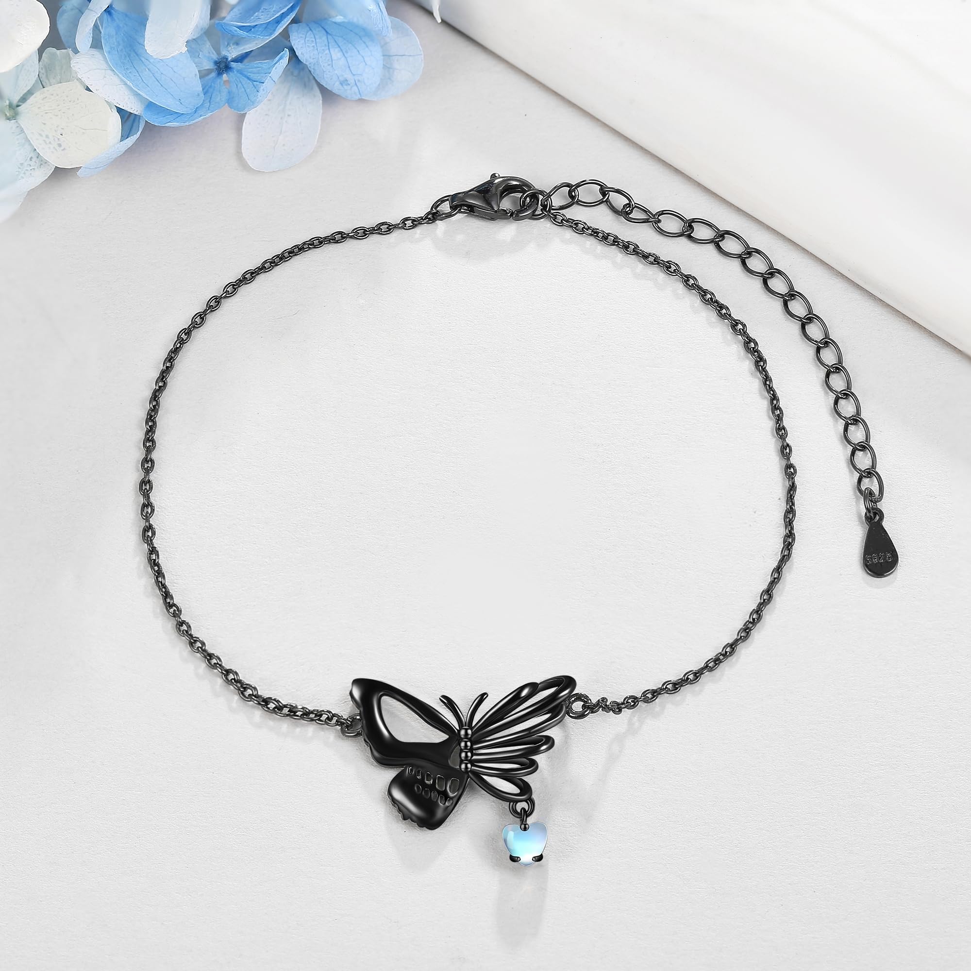 Schwarz Armbänder Sterling Silber Schmetterling Totenkopf Armband Gothic Schmuck Muttertag Weihnachten Halloween Geschenk für Damen Frauen
