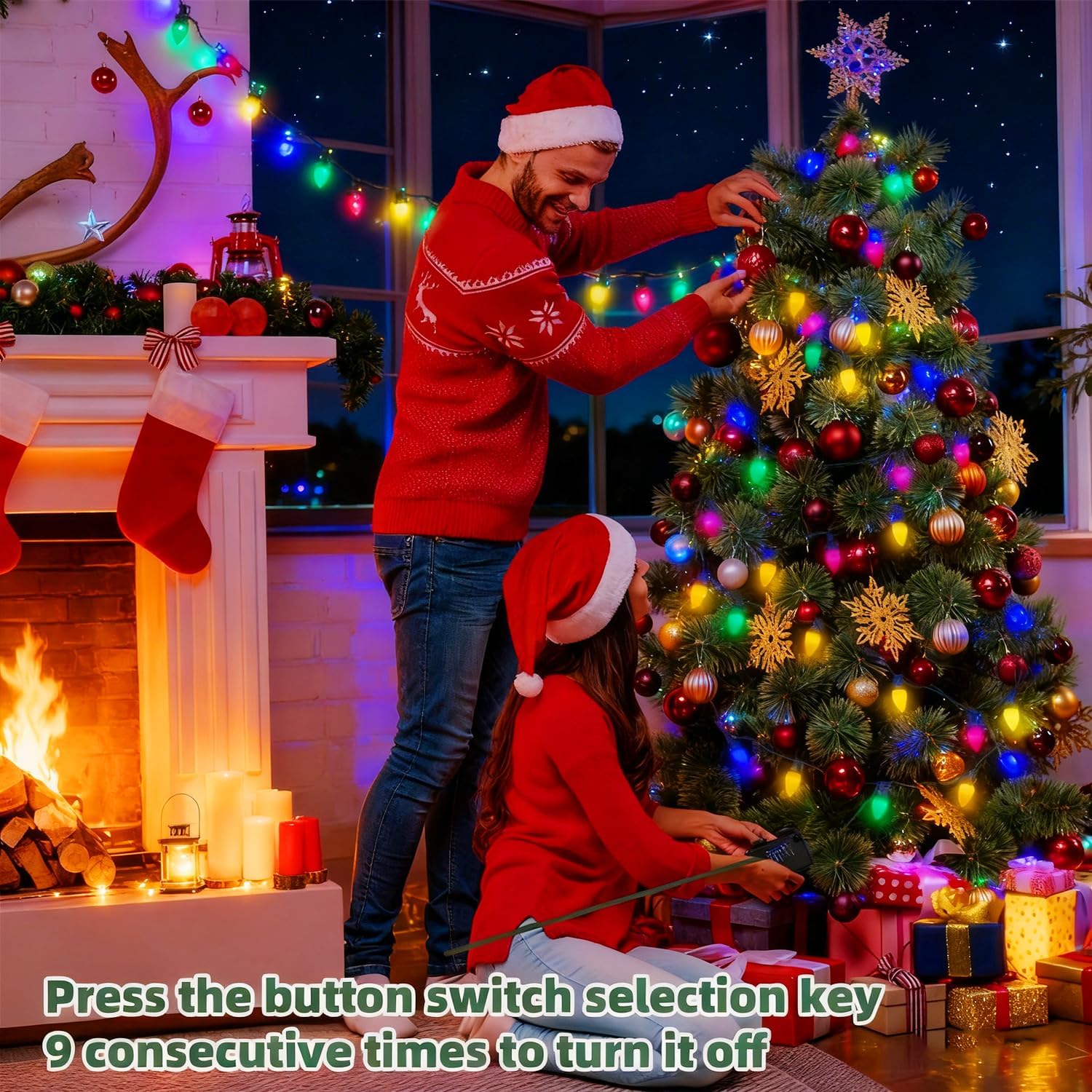 27.5FT C9 LED Christmas Lights Outdoor Battery Operated Lights with 8 Mode Remote Control, 50 Twinkle Big Christmas Light for Colored Xmas Tree Light & Home Yard Lawn Decorations