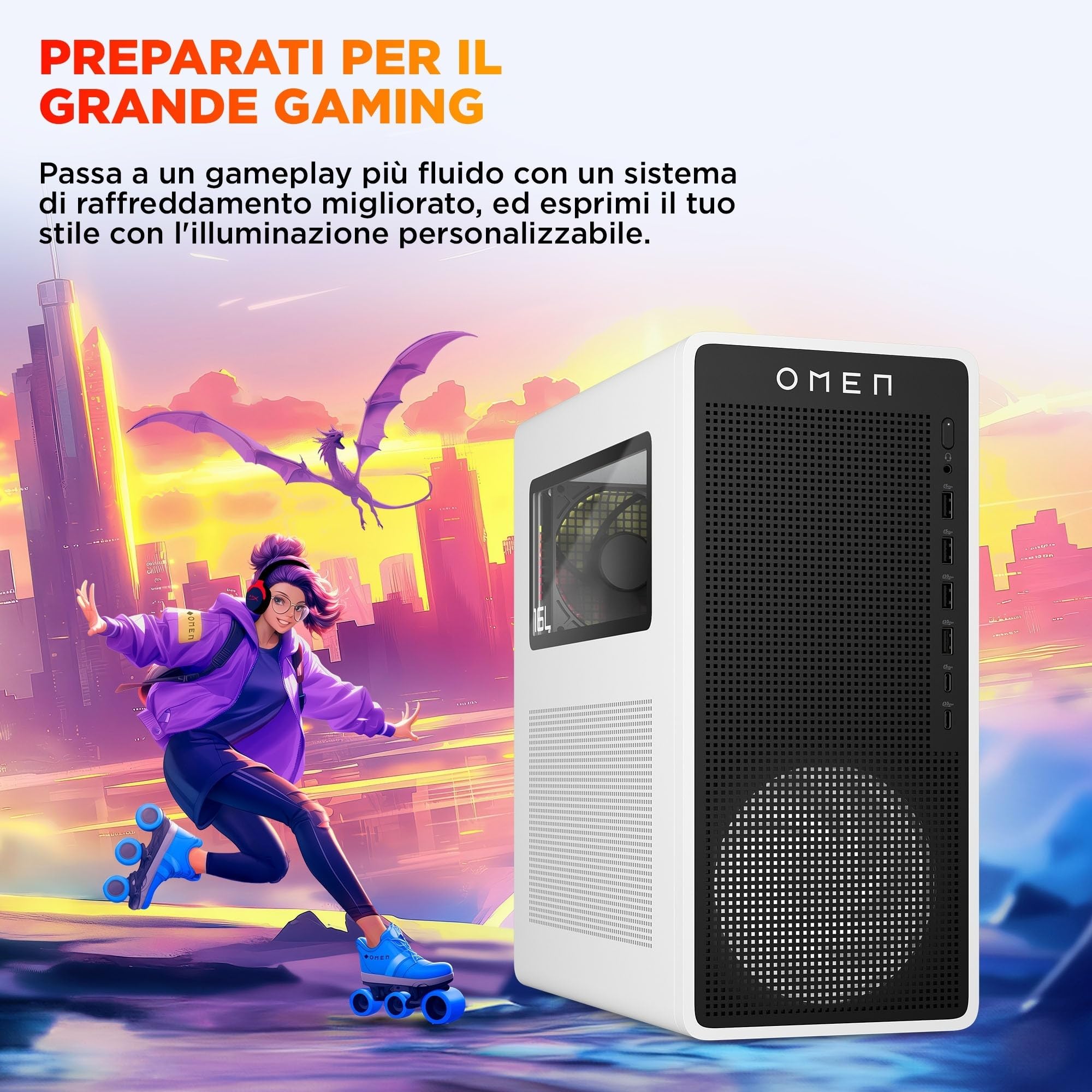 HP OMEN 16L TG03-0005sl, Desktop Gaming, Intel Core Ultra 7 265F, Intel Evo Edition, 32GB RAM, 1TB SSD, NVIDIA RTX 5060 8GB, Alluminio, 3 Mesi di PC Game Pass Inclusi, Windows 11, Bianco