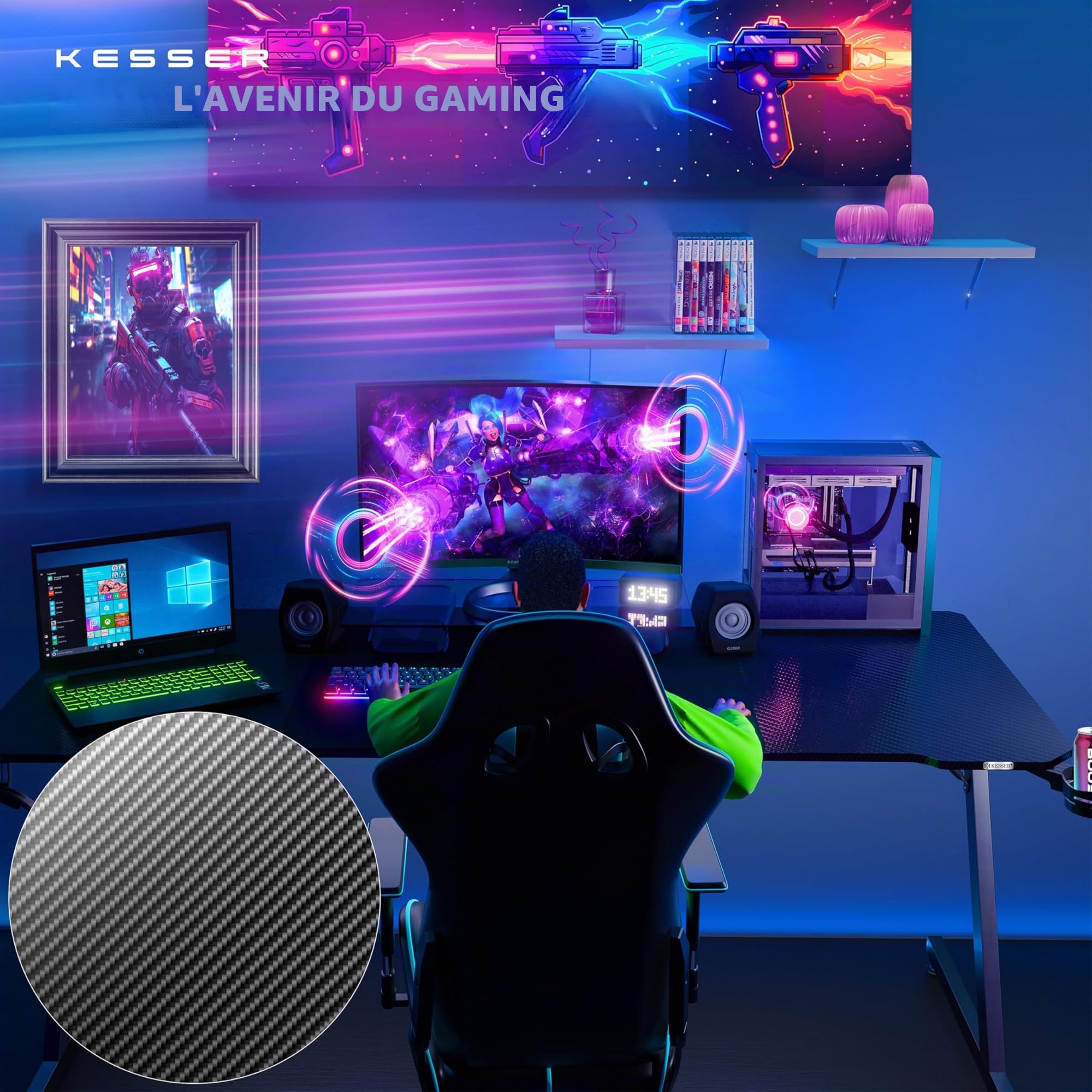 KESSER® Table de Jeu - 180 cm x 80 cm - Bureau Gamer en Forme de Z - Crochet pour Casque et revêtement en Carbone - Bureau d'ordinateur Ergonomique - Table Stable avec Porte-gobelet - Noir