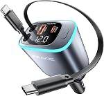 Retractable Car Charger 4 in 1 Car Phone Charger with Led Light USB C Fast Charger for Car with 2 Retractable Cables and 2 USB Ports Compatible with i Phone 17/16/15/14/13/iPad Galaxy S25/24 Android