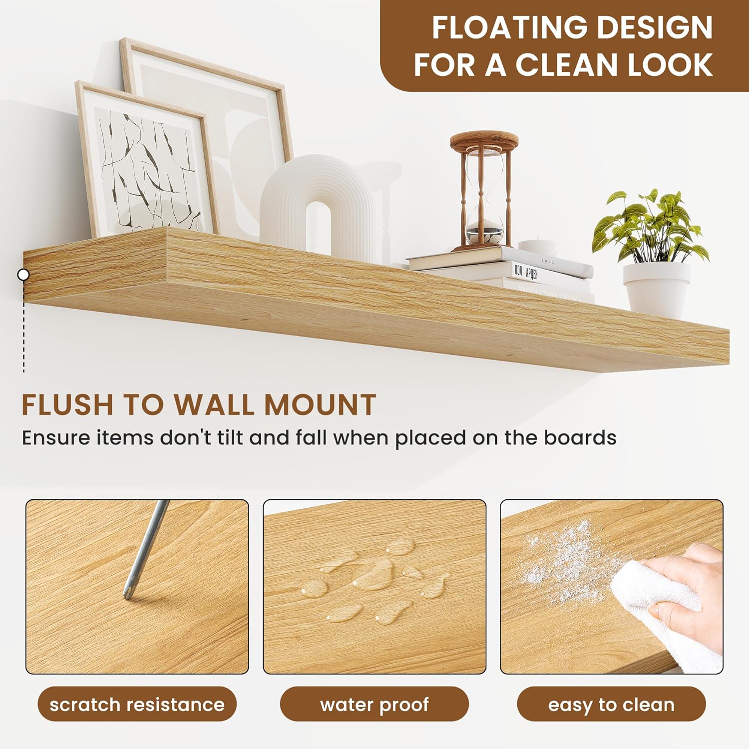 fuqing Floating Shelves for Wall, Wall Mounted Wood Floating Shelf with Invisible Brackets for Living Room, Bathroom, Bedroom, Kitchen Storage and Decor, 40 Inch Set of 2, Oak