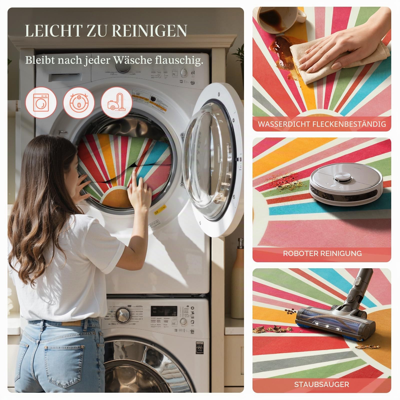 STARUIA Boho-Teppich, waschbar, 152 cm, runder Teppich für Schlafzimmer, Regenbogen-Kreis, Kinderteppiche für Büro, rutschfester Kreis-Teppich, weiche Sonnenschein-Teppiche für Schlafsaal