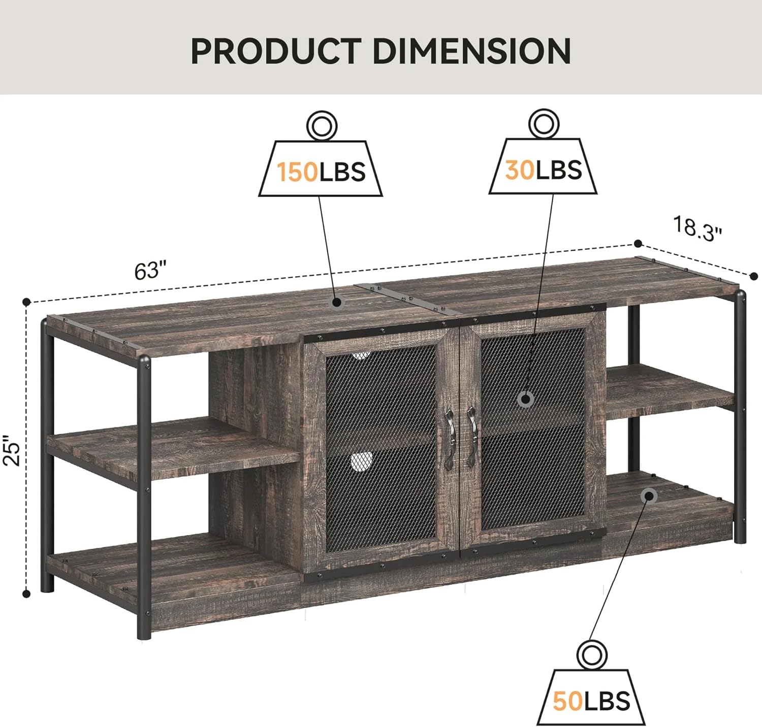 Farmhouse TV Stand for TVs Up to 65 60 55 50 Inch, Industrial Entertainment Center with Storage Cabinet and Mesh Doors, Rustic Dark Wood Media Console Table for Living Room, Bedroom, Dark Brown