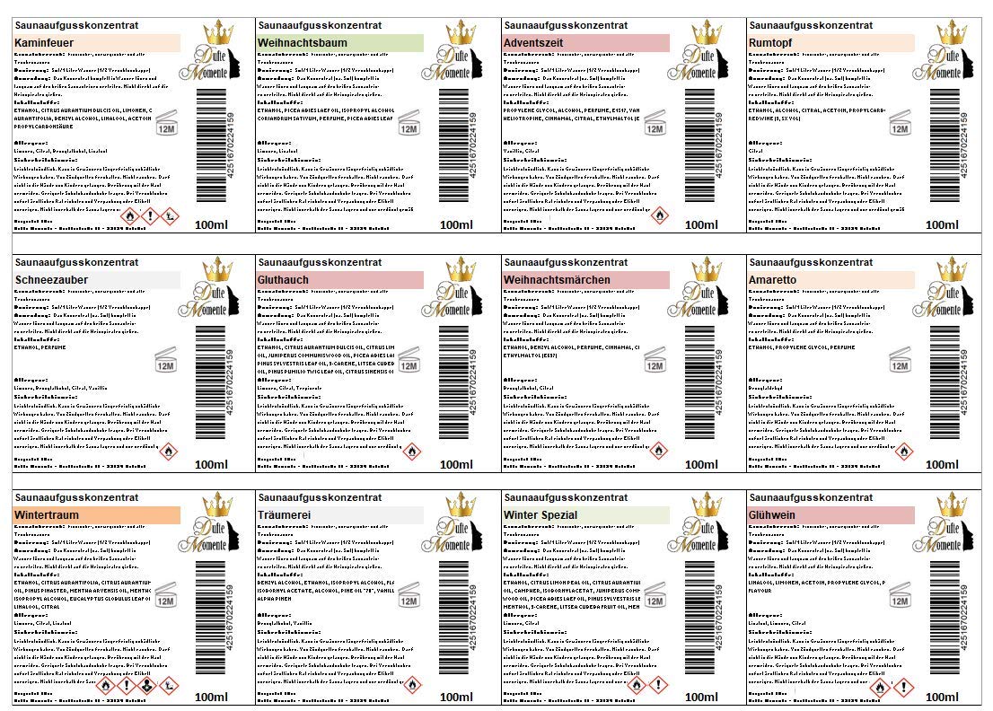 24 x 100ml Sauna Aufguss Konzentrat - passend zur anstehenden Adventszeit das exklusive Set von Dufte Momente - Weihnachtsdüfte, Saunaaufguss, Premiumaufgüsse
