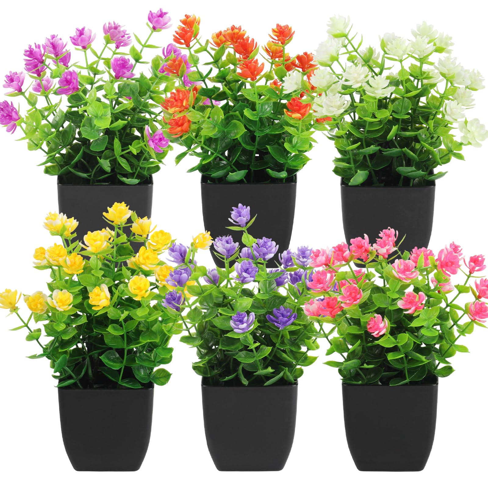 JINXIAN 6 Pcs Fake Plants 7.48 Inches Tall Artificial Plants Indoor Plastic Plant Pots Artificial Flowers for Graves Garden Office Area Home Deco(Black Basin) — image 1