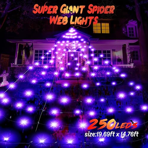 Miniatura 10 de BlcTec Luces de telaraña gigantes para decoración de Halloween, 19.7 x 14.7 pies, tela de araña blanca iluminada con 250 LED, luces de red de