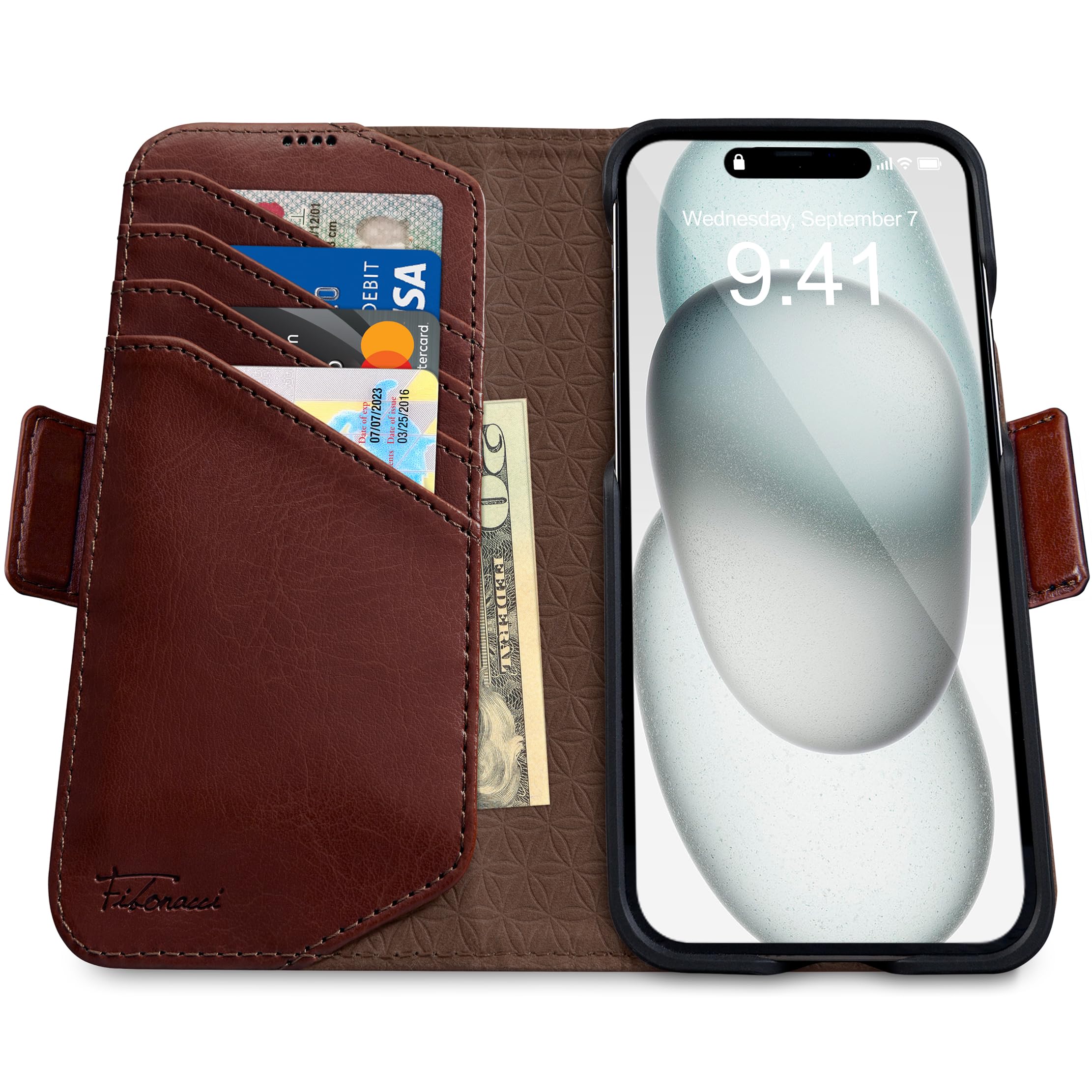 dreem Coque pour iPhone 15, Étui de Téléphone Révolutionnaire avec Support, en Cuir Végan, Coque Magnétique Détachable, Protection RFID, Boîte-Cadeau (Café) - 2