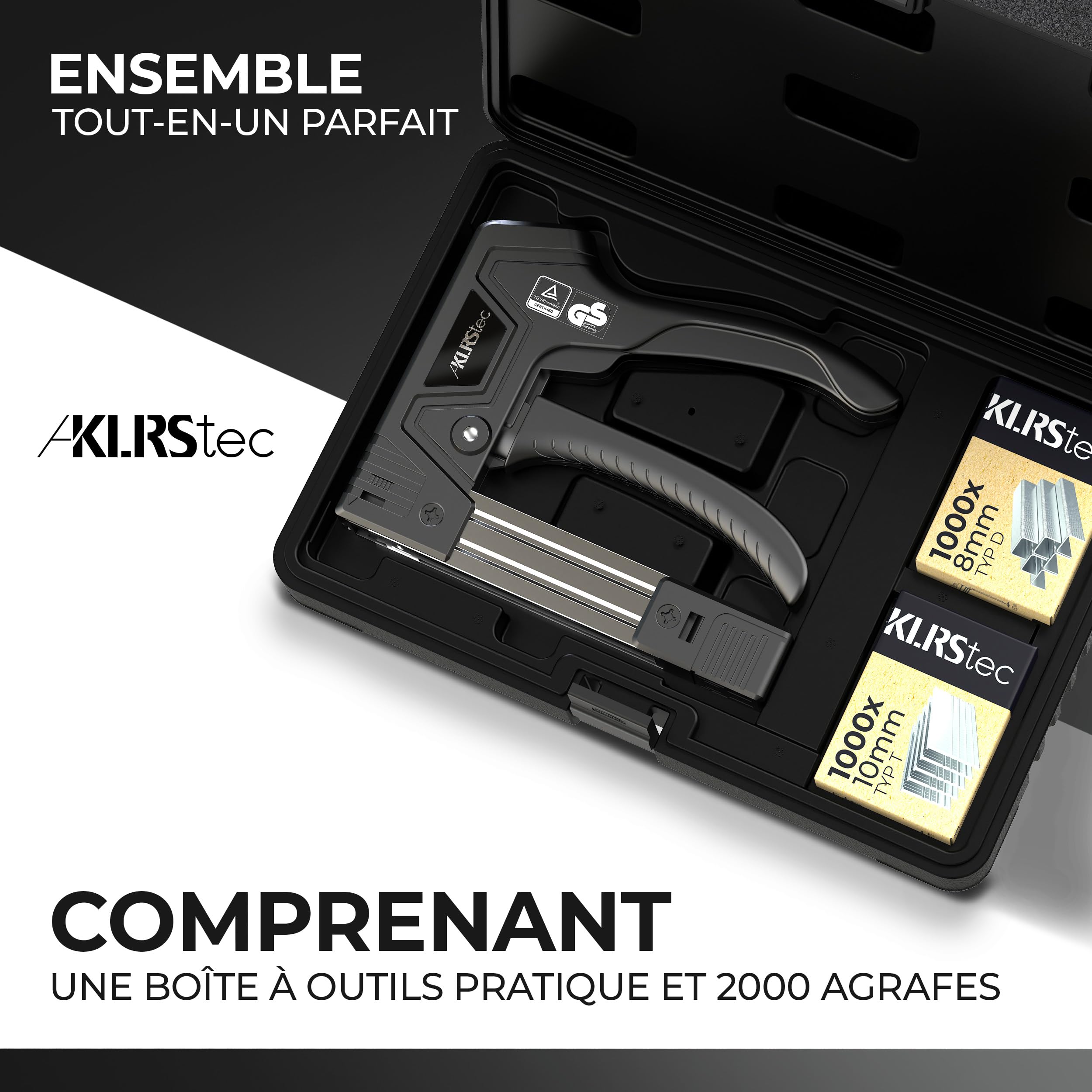 KLRStec TackPro Agrafeuse Manuelle – Tacker à Gâchette par Traction – Agrafeuse Bois & Tissu – Pistolet à Agrafes avec 2000 Agrafes Type D & T – Ergonomique, Puissante & Durable