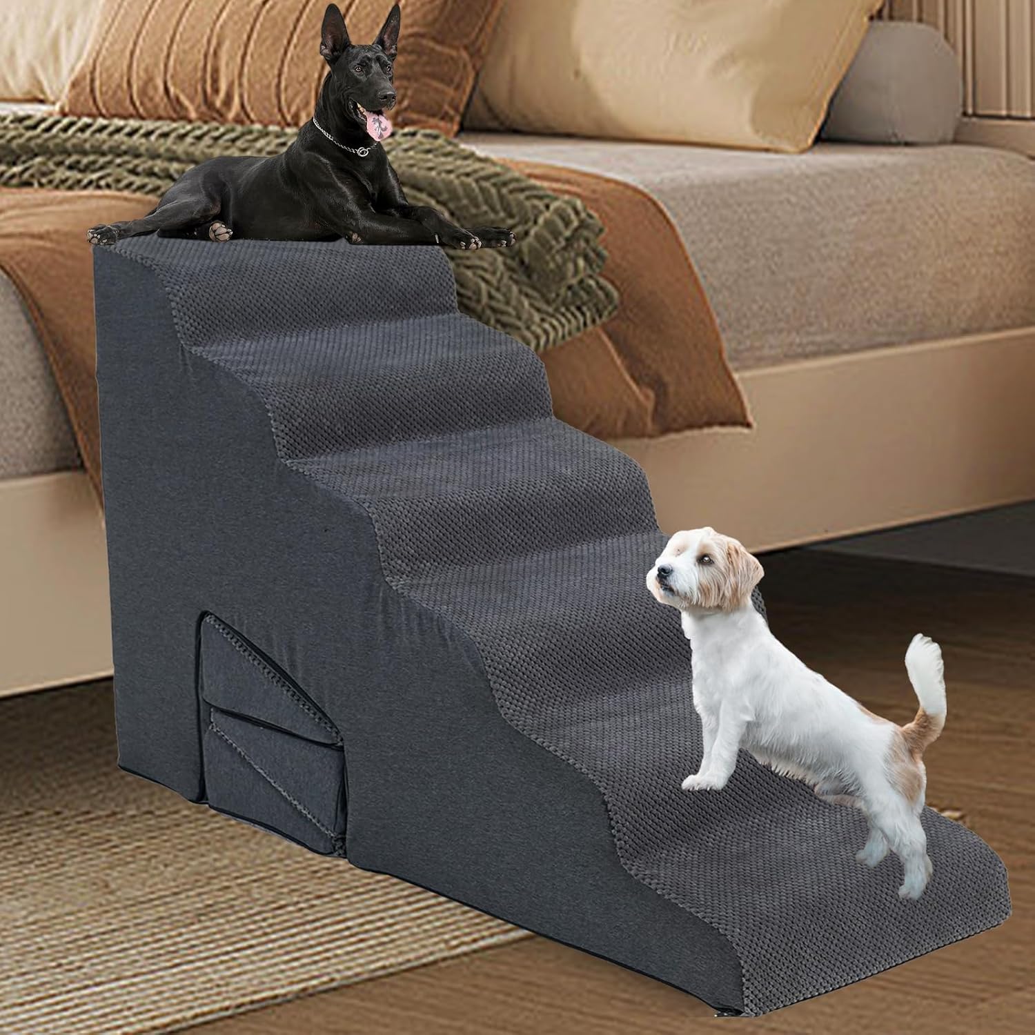 Dog Stairs & Steps Ramps for High Beds 30 inches High Tall, LitaiL 6 Step Pet Stairs Steps for Small Large Dogs, Non-Slip Dog Ramps with 3 Pack Ramps for Staircase 30 H 6-Step Dark Grey with 3 Pack Ramps