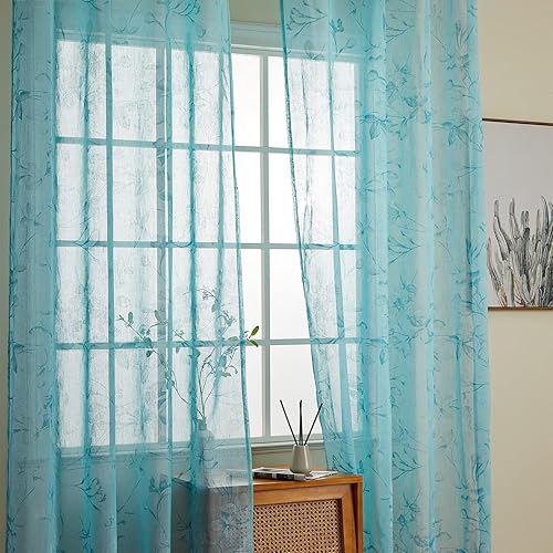 Miniatura 2 de Topfinel Juego de 2 paneles de cortinas traslúcidas de lino verde azulado de 84 pulgadas de largo, cortinas transparentes con ojales para sala de