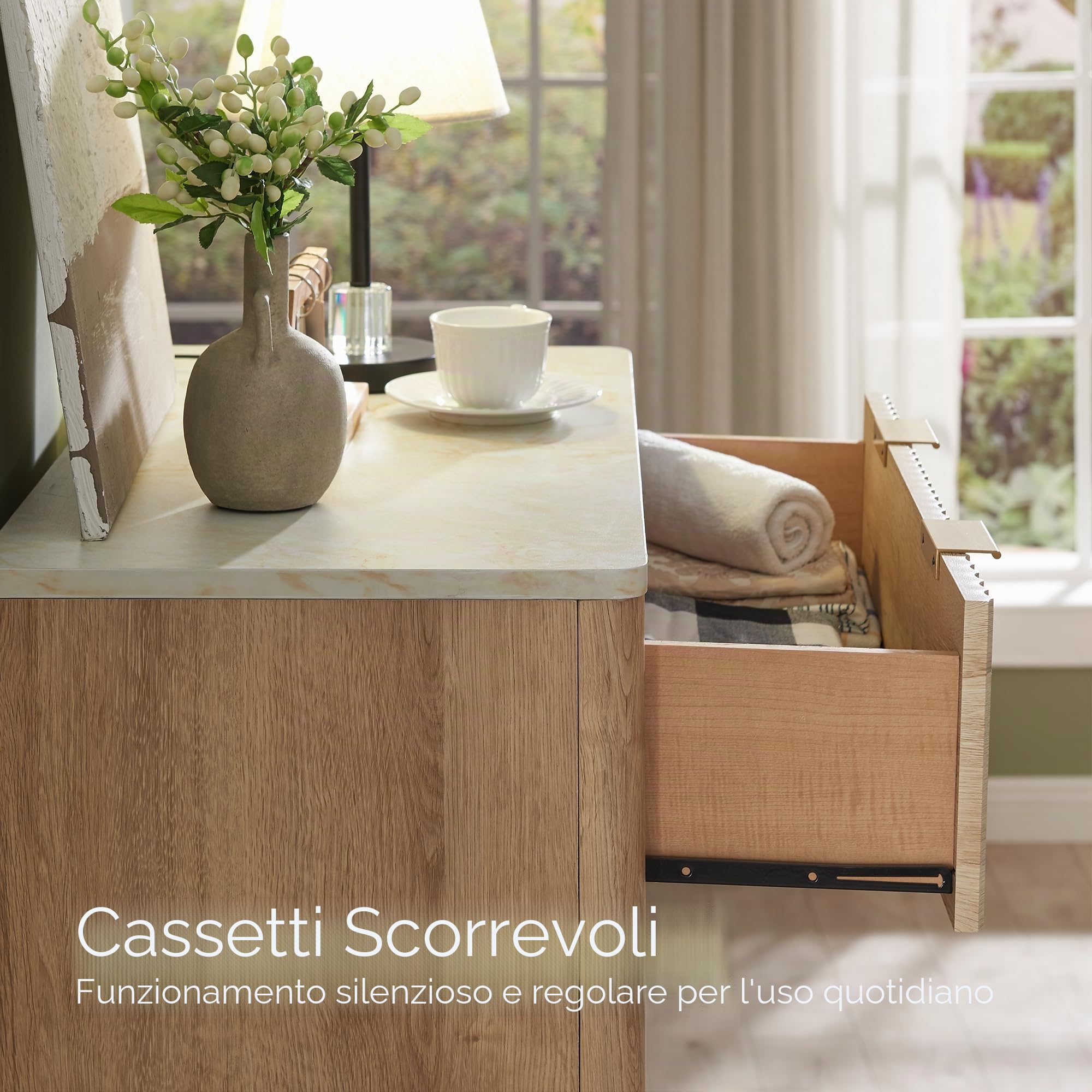 Cassettiera con 5 cassetti, 122 cm, design moderno con scanalature, con piano in melammina effetto marmo, per camera da letto e soggiorno, rovere naturale