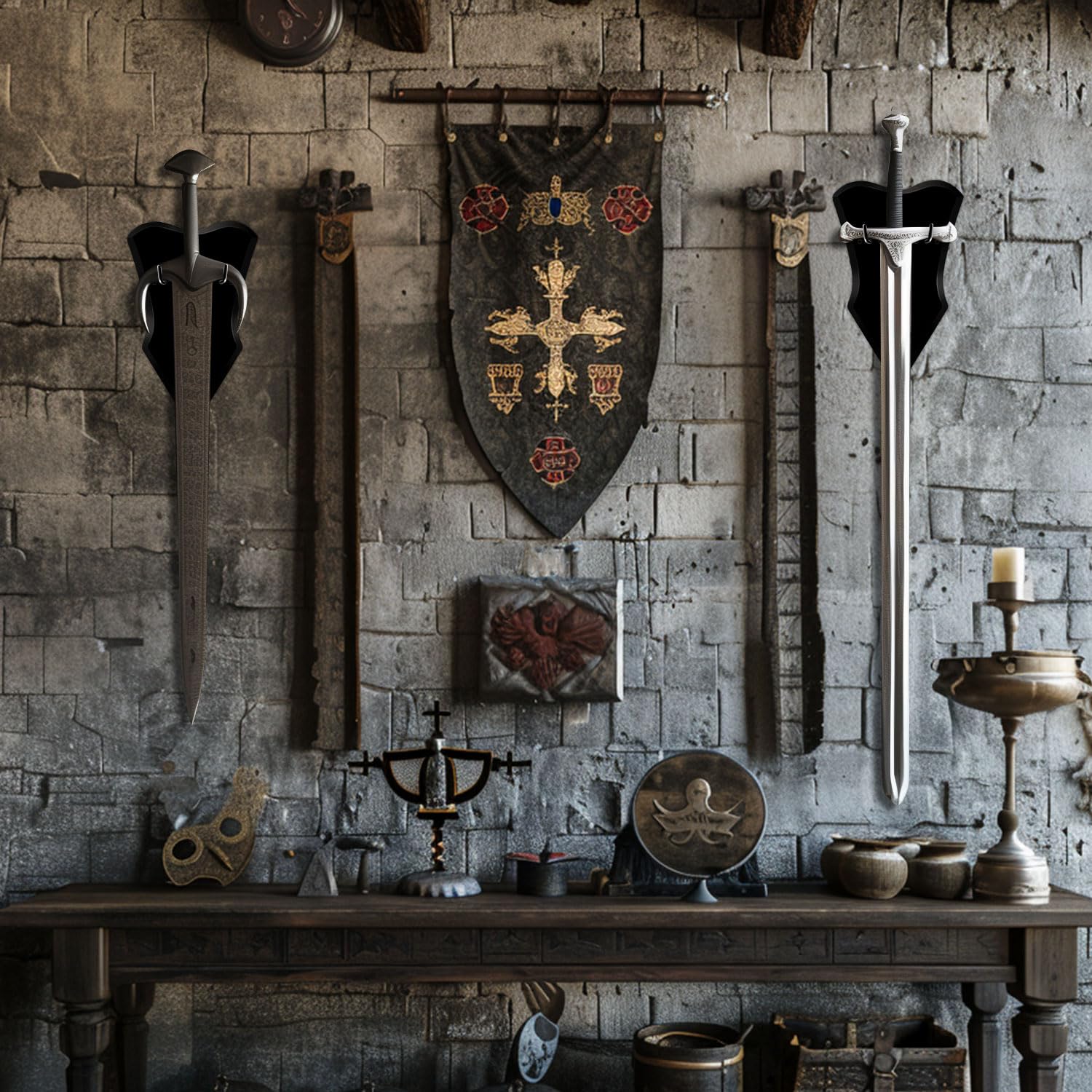 Supporto verticale da parete per spada medievale, in legno, per esporre spade e pugnali, per esporre armi da parete (1 pezzo medio)