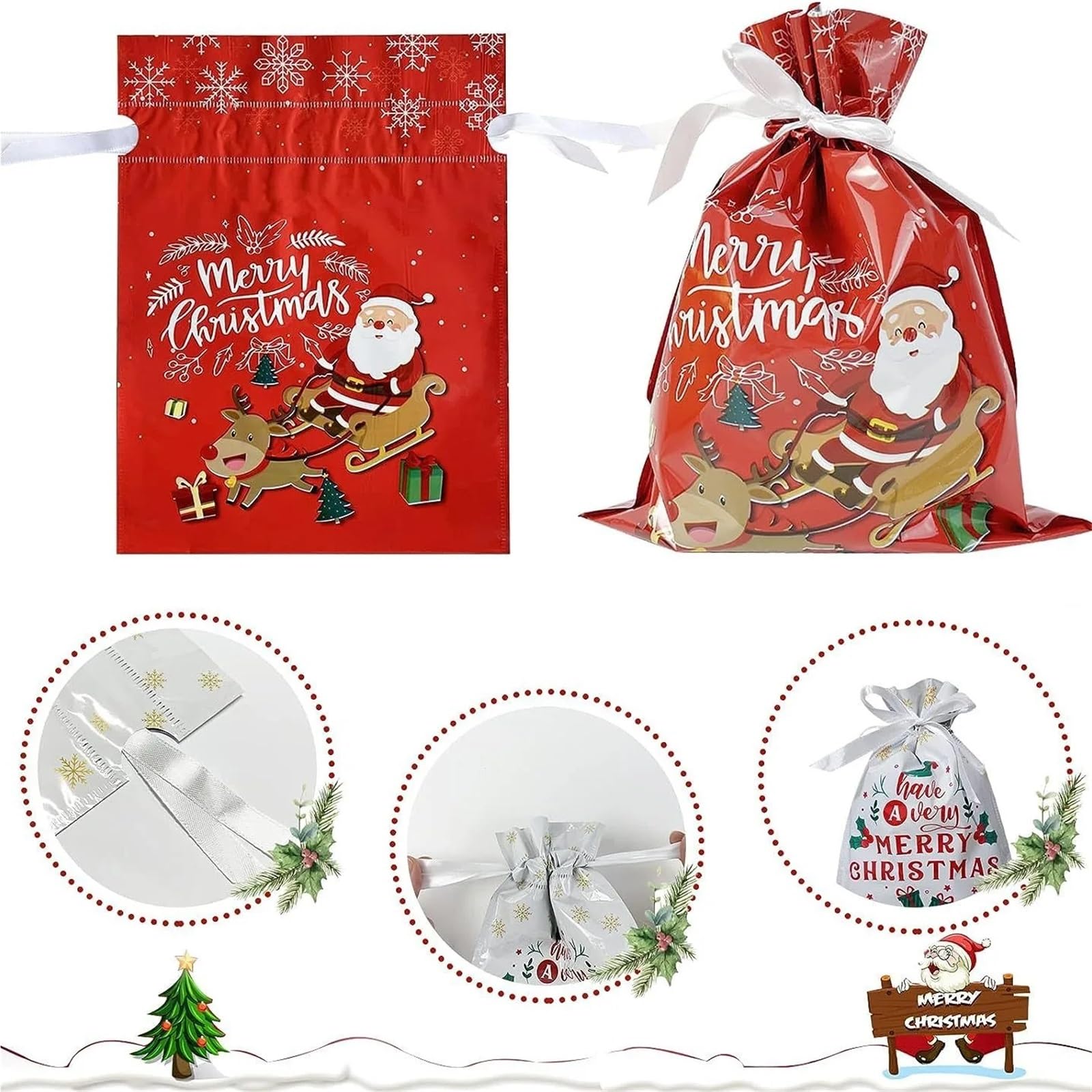 Bolsas Regalo Navidad 10 bolsas de regalo navideñas con cordón, grandes, for dulces y galletas, for decoración del hogar(25-44x57cm)