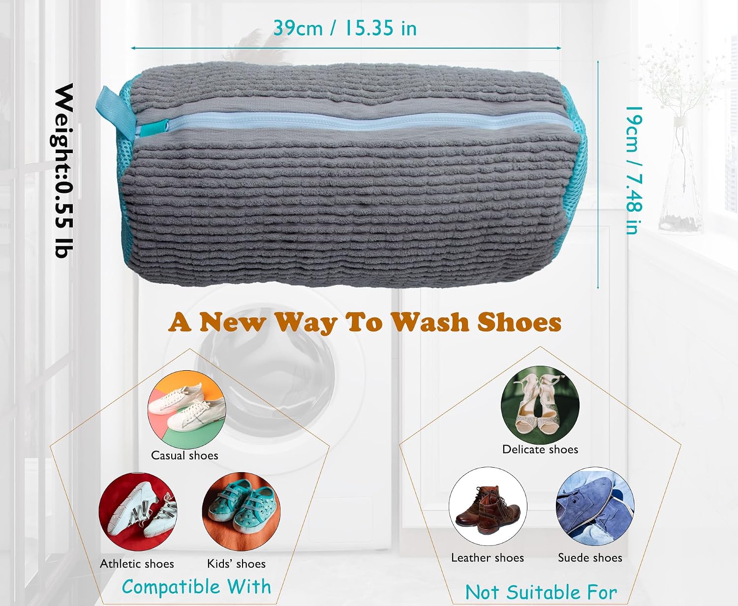 2 Pack Shoe Washing Machine Bag, Reusable Cleaning Bag for Washer and Dryer, Laundry Hamper for Sneakers and All Shoes Types with Zipper (Gray & Bule)
