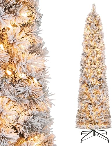 Goplus Árbol de Navidad preiluminado de 6 pies, árbol de Navidad artificial delgado con 150 luces incandescentes blancas cálidas, 373 puntas de
