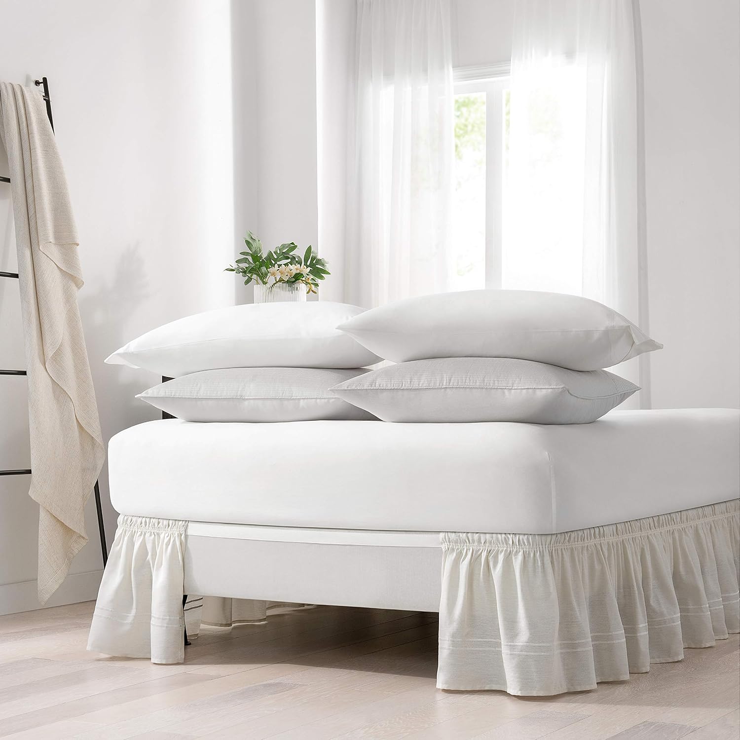 EASY FIT Baratta Elastic Wrap Around Bed Skirt, Easy On/Off Dust Ruffle (18-Inch Drop), Queen/King, Ivory