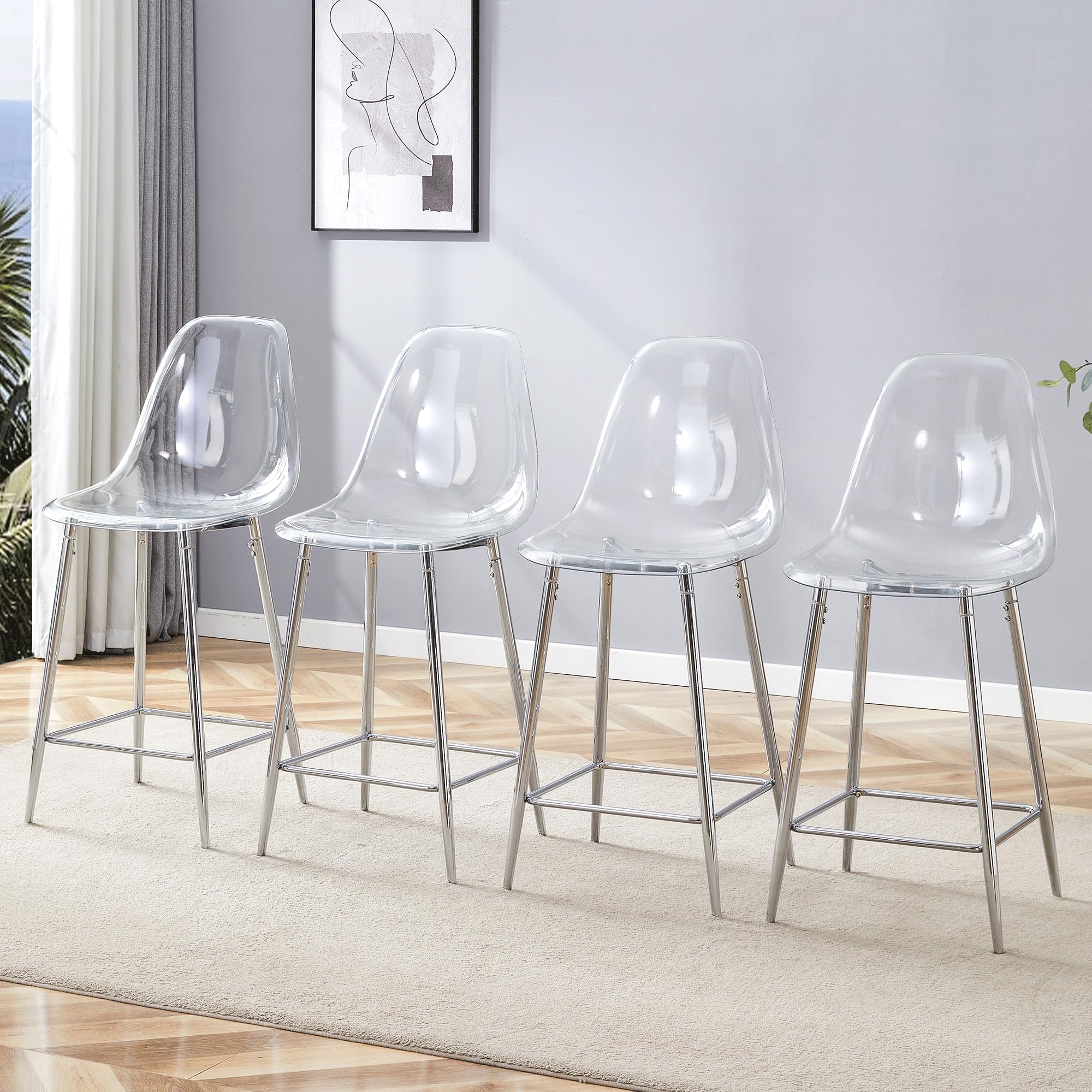 Barhocker 4er Set Acryl – transparente Sitzschale mit silbernem Metallgestell, belastbar bis 150 kg, für Theke, Tresen, Heimbar
