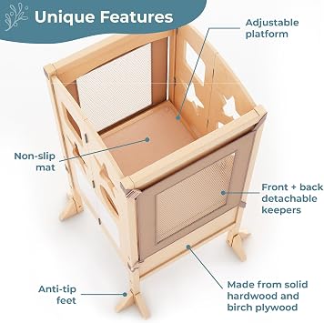 Guidecraft Classic Kitchen Helper Stool - Ivory: Foldable Toddler Tower with Adjustable Height Platform | Premium Learning Montessori Collapsible Step Stool for Kids