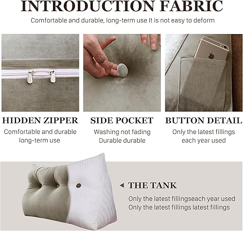 Miniatura 6 de Almohada de cuña gruesa de 8 libras para cabecero de dormitorio universitario, almohada de cuña de terciopelo con respaldo triangular con bolsillo