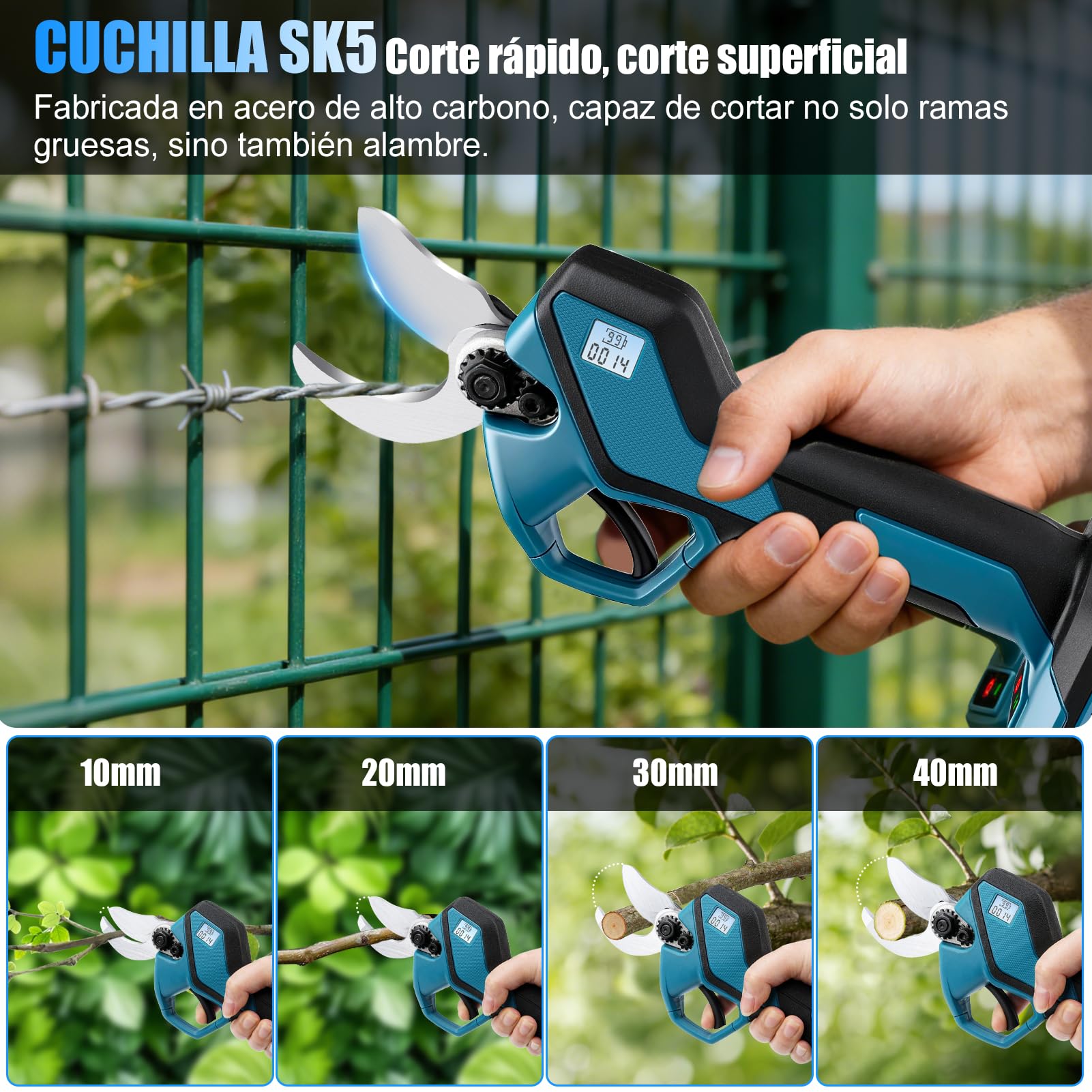 Tijeras de Podar Eléctricas con Baterías, Tijeras de Podar Bateria Con pantalla, 2 baterías de 1500mAh, diámetro de corte máximo de 30 mm, Para Huertos, Jardines y Granjas