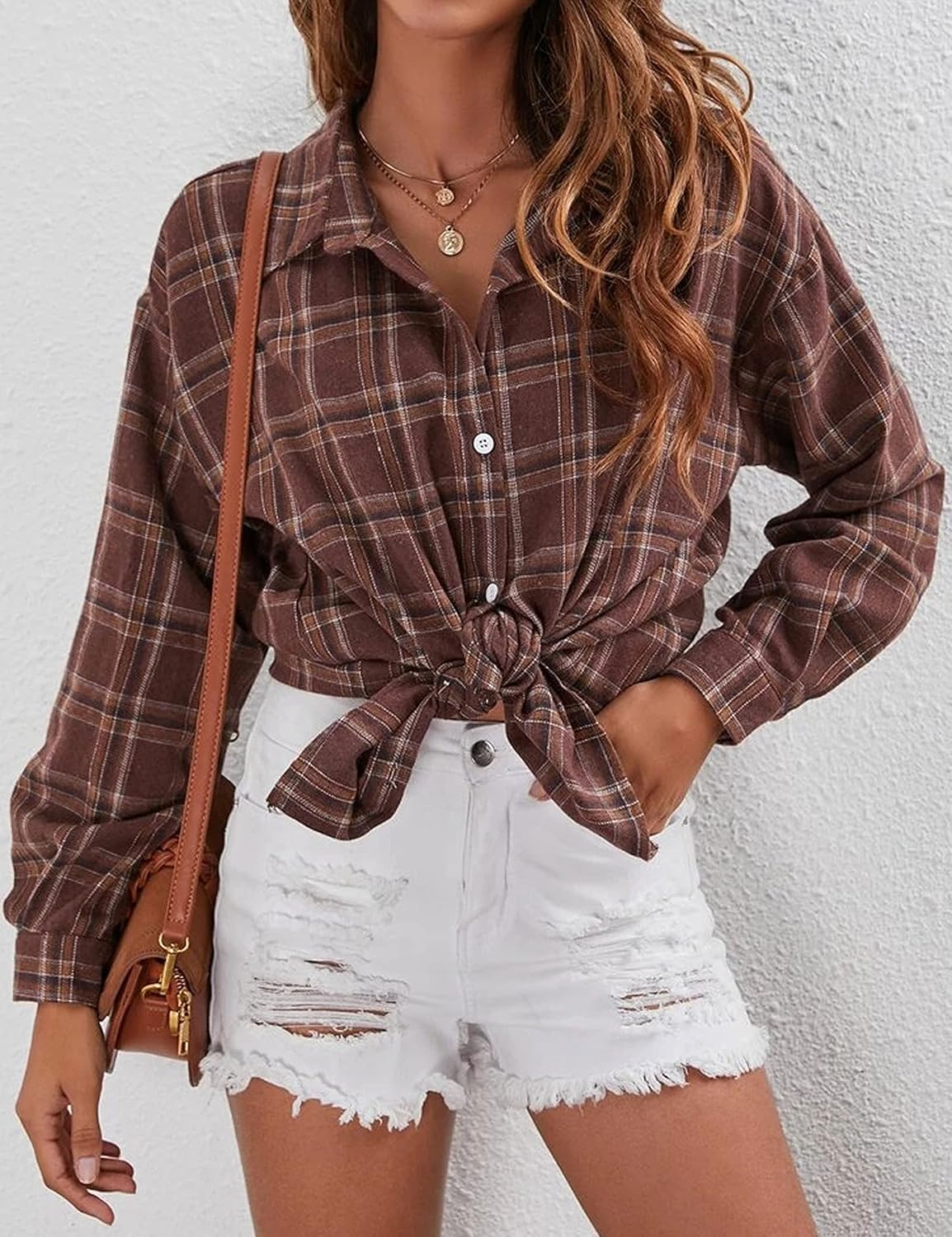 Lumister Womens' Oversized Flannel Plaid Shirt Long Sleeve Drop Shoulder Lapel Button Down Shirt Blouse Tops (0075-DarkCoffee-XXL) - Image 2