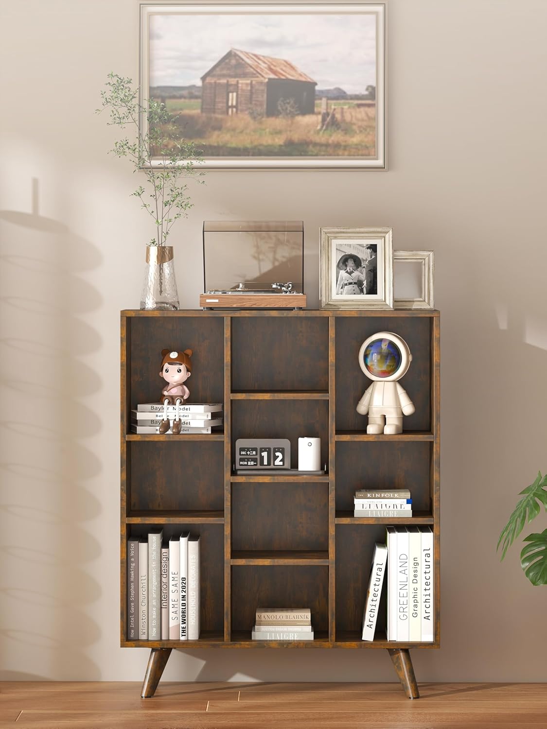 Manora Rustic Brown 10 Cube Mid Century Modern Bookshelf, Wooden Storage Organizer with Open Shelves, Retro Bookcase for Living Room, Bedroom, Home Office