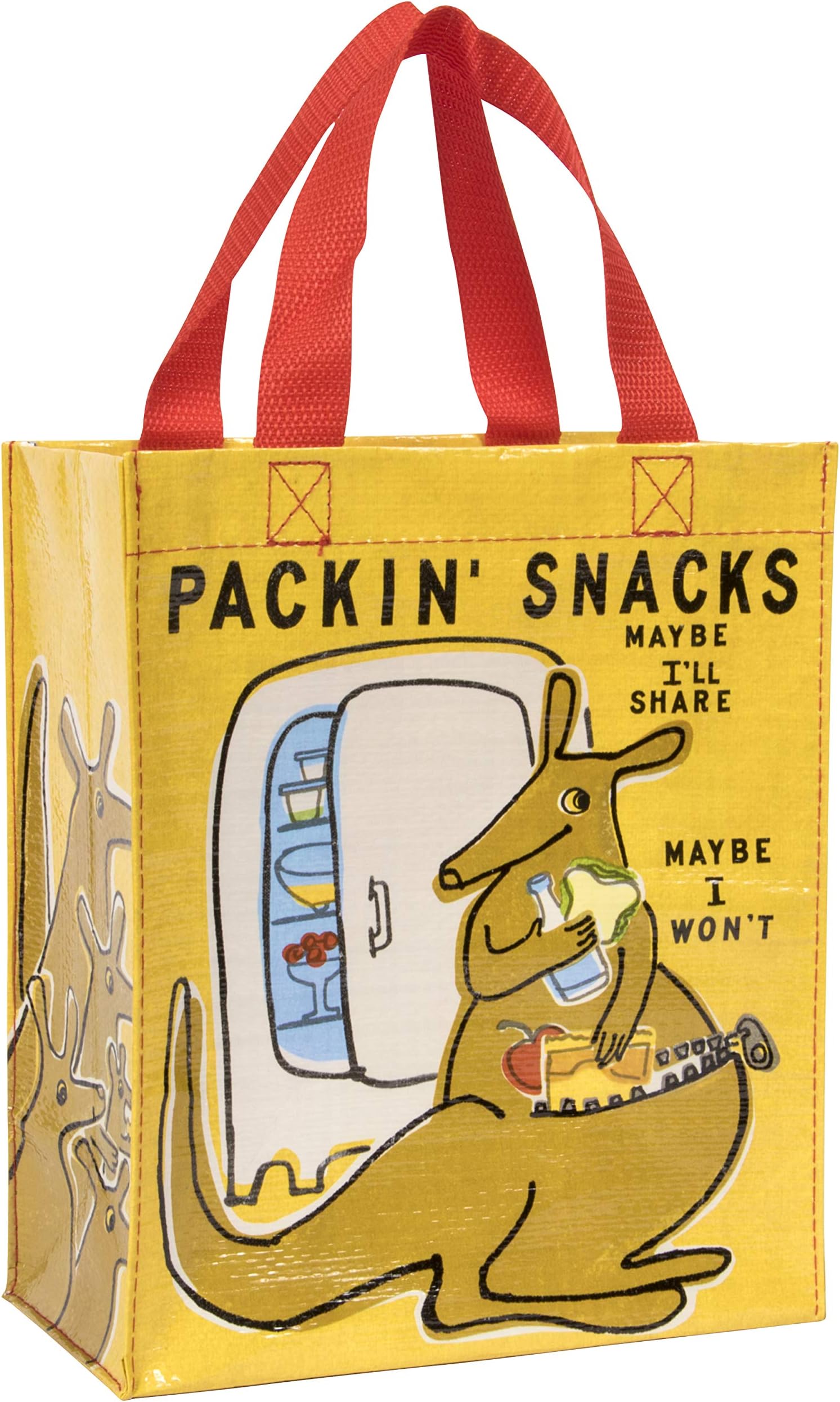 Handy Tote, Packin' Snacks, reusable lunch sack or gift bag, made from 95% recycled material, easy to wipe clean, 10"h x 8.5"w x 4.5"d