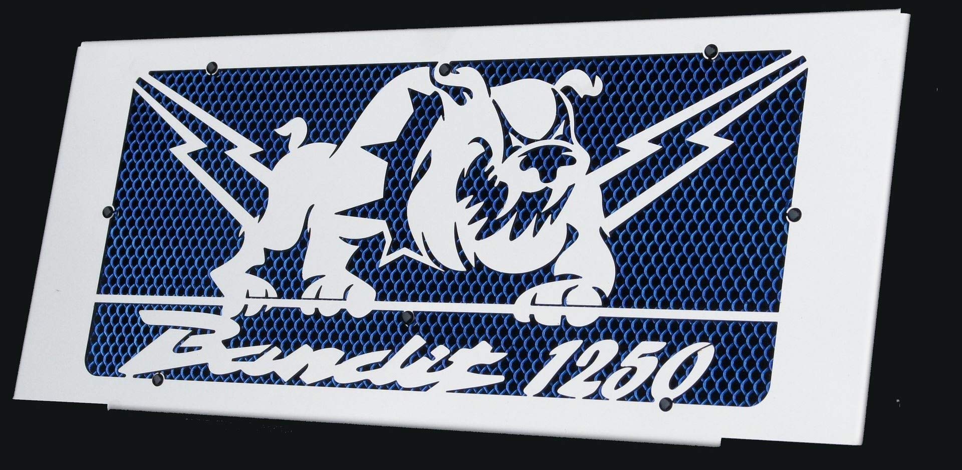 Radiator cover/radiator guard GSF 1250 Bandit 2007>15 design « Bulldog » + blue protective mesh