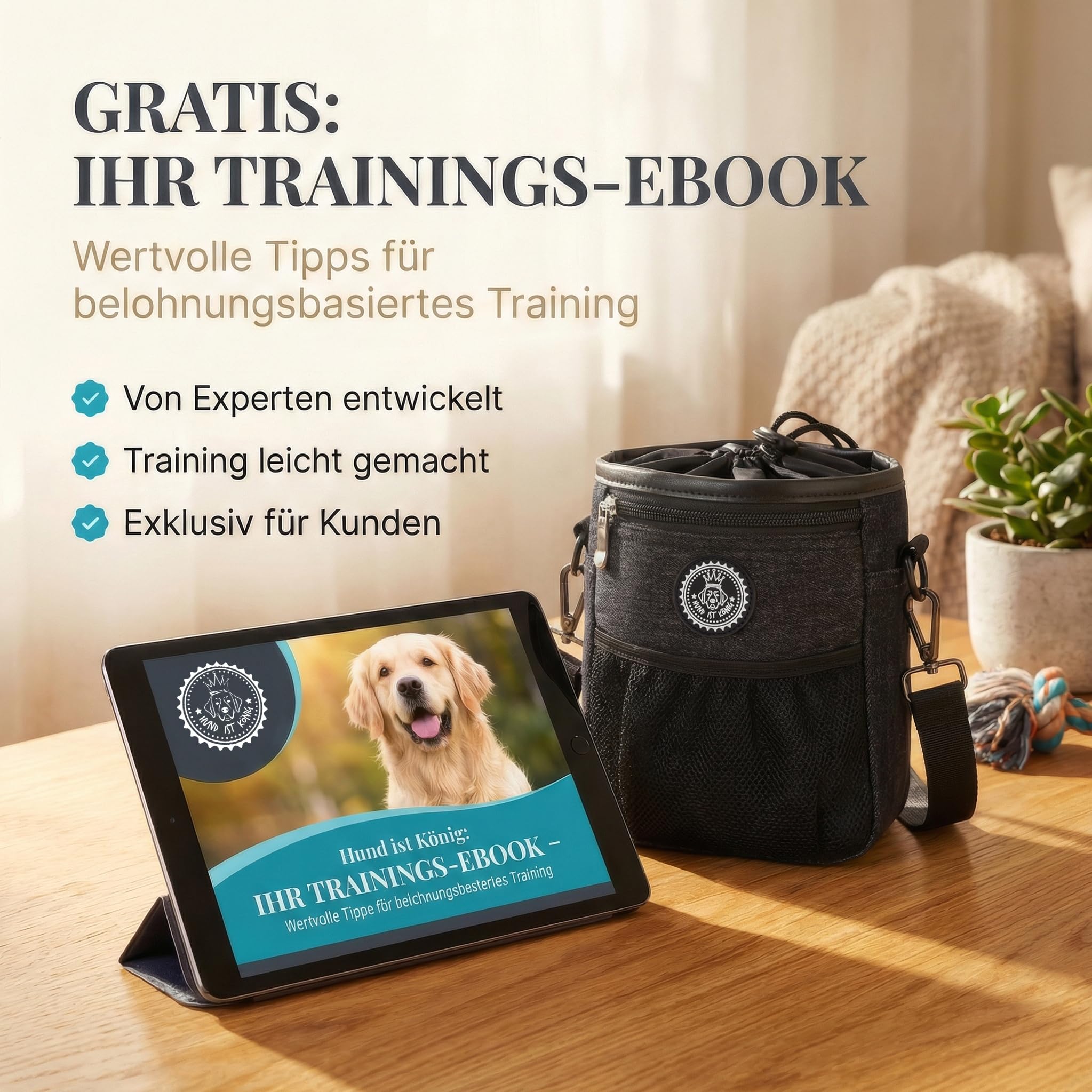 HUND IST KÖNIG Premium Leckerlibeutel für Hunde - der Alleskönner - Robuster Futterbeutel Hunde mit viel Stauraum für das Gassigehen & Hundetraining - mit Kotbeutelspender & Trainings-Ebook